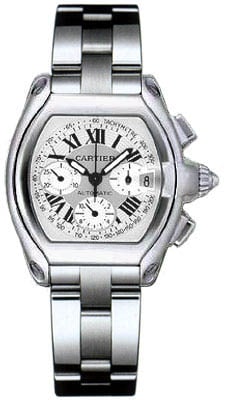 Cartier Roadster XL mens watch ref W62006X6 silver Roman dial steel bracelet: Cartier Roadster XL mens watch ref W62006X6 silver Roman dial steel bracelet Cartier Roadster XL wristwatch featuring a silver Roman numerals dial, smooth bezel, and stainless steel bracelet. This men