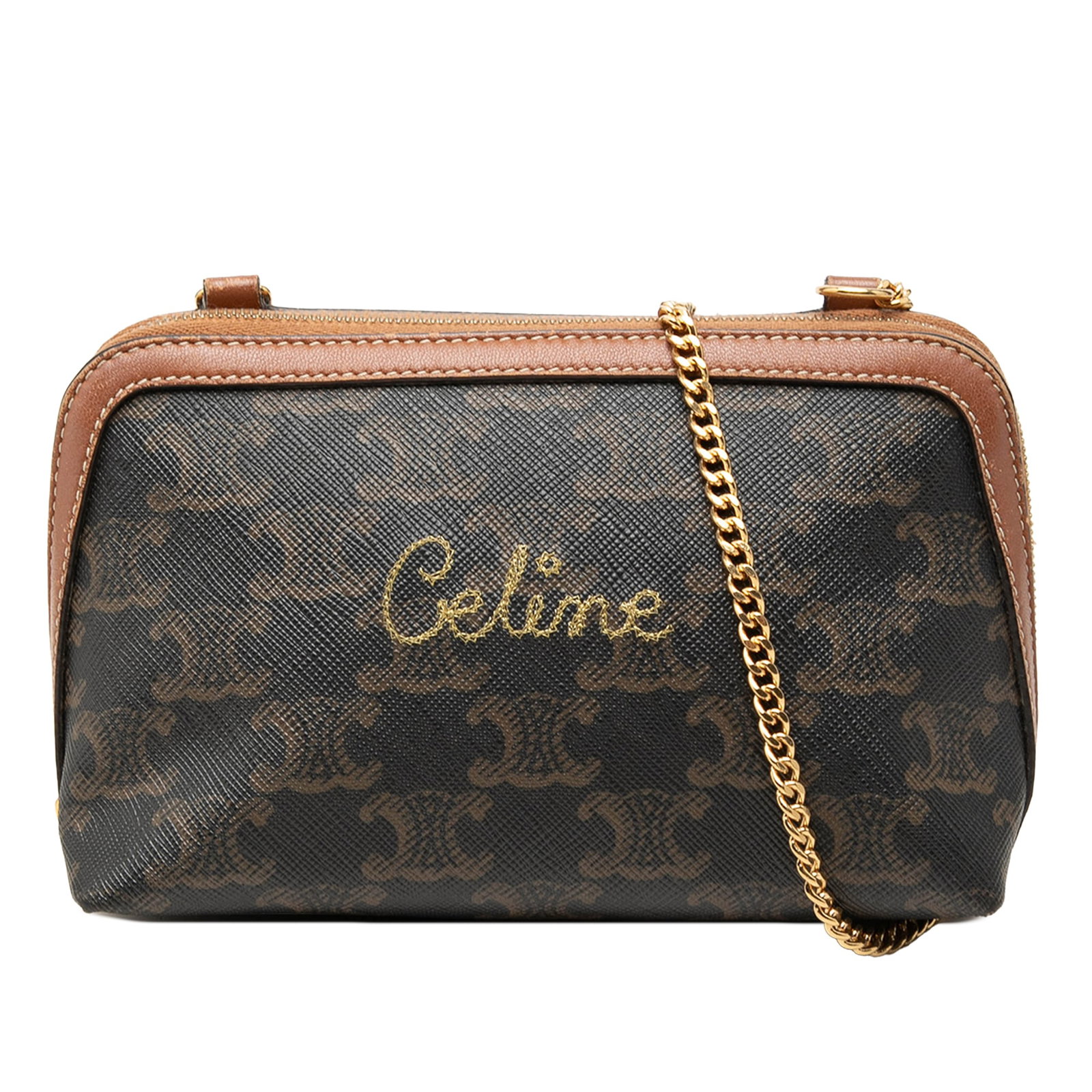 Celine Triomphe chain clutch in embroidered coated canvas: Celine Triomphe chain clutch in embroidered coated canvas Celine Triomphe clutch on chain crafted with an embroidered coated canvas body and leather trim. This compact crossbody style features a chain
