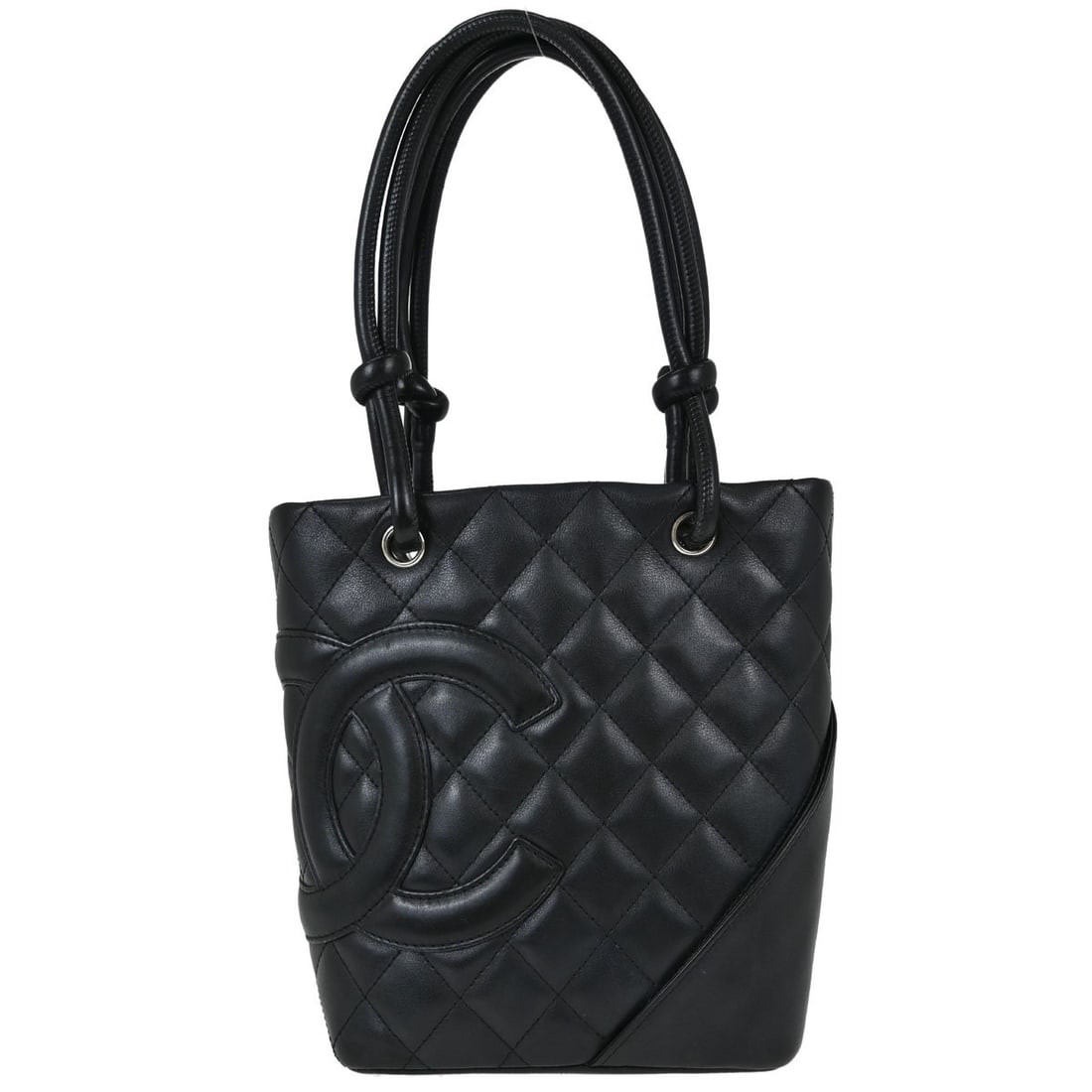 CHANEL Cambon Ligne Black Calfskin Tote Bag: CHANEL Cambon Ligne Black Calfskin Tote Bag Chanel Cambon Ligne tote handbag in black calfskin leather with a quilted logo design and pink canvas lining. This medium tote features double black handles