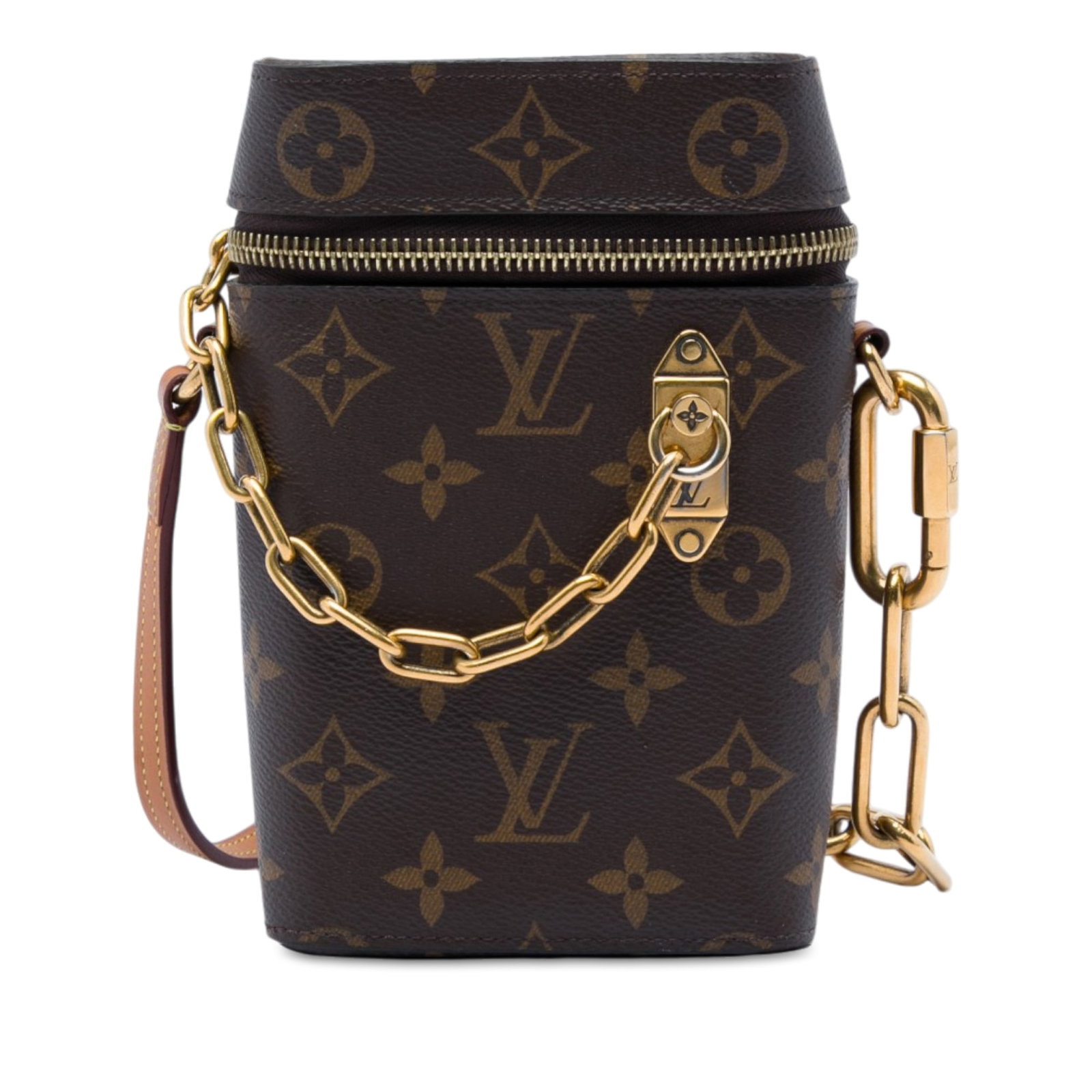 Louis Vuitton Monogram Phone Box Crossbody Bag Brown Canvas: Louis Vuitton Monogram Phone Box Crossbody Bag Brown Canvas Compact and structured, this Louis Vuitton Monogram Phone Box crossbody is crafted with a monogram canvas body and features a curb chain wit