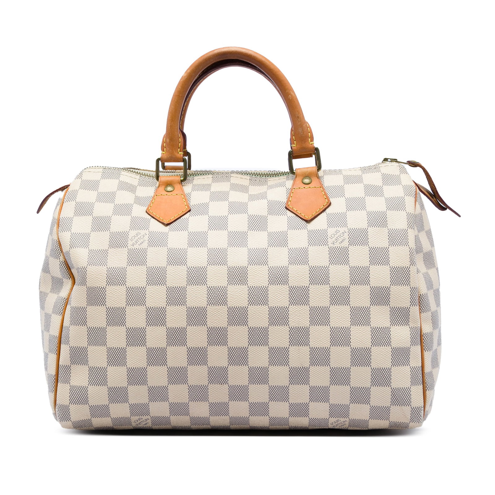 Louis Vuitton Speedy 30 Damier Azur Handbag: Louis Vuitton Speedy 30 Damier Azur Handbag Louis Vuitton Damier Azur Speedy 30 handbag with a damier canvas body, rolled vachetta leather handles, top zip closure, and an interior pocket. Made in Fra