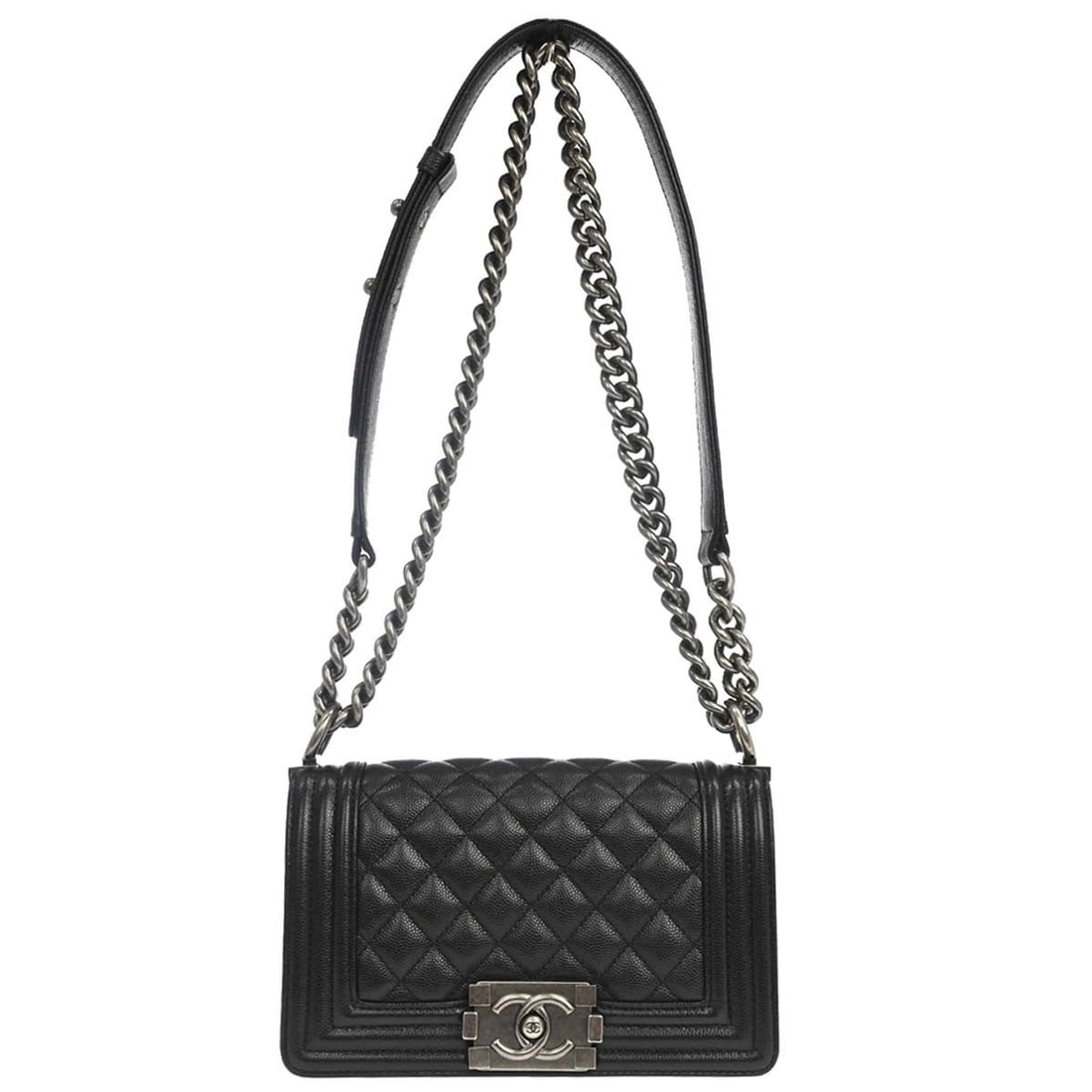 CHANEL Boy Chanel Mini Shoulder Bag Black Caviar Leather Chain Strap: CHANEL Boy Chanel Mini Shoulder Bag Black Caviar Leather Chain Strap Boy Chanel small chain shoulder bag in black caviar skin leather with a clasp flap closure, fabric lining, inner pocket, and chain 