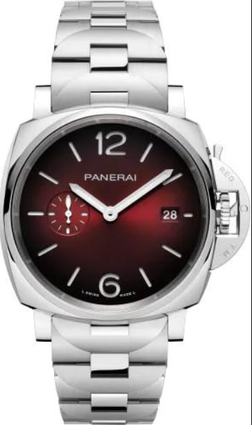 Panerai PAM01539 OP7610 Luminor Due 42mm Burgundy Dial Watch with Card: Panerai PAM01539 OP7610 Luminor Due 42mm Burgundy Dial Watch with Card This Panerai Luminor Due watch features a striking burgundy dial and a stainless steel case. The timepiece measures 42mm in diame