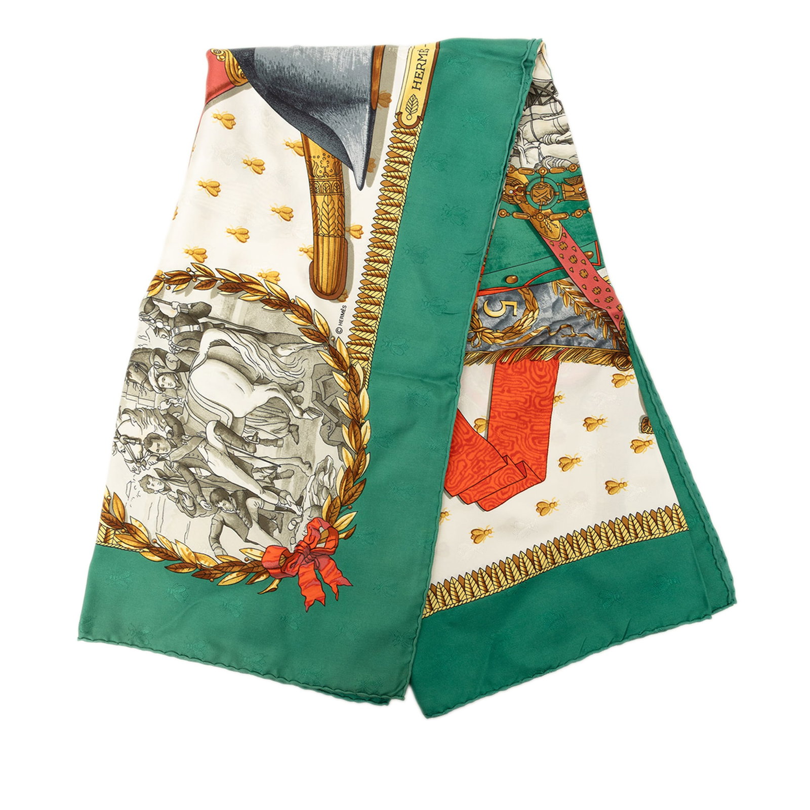 Hermes Napoleon 90 Silk Scarf Green: Hermes Napoleon 90 Silk Scarf Green Hermes Napoleon Silk Scarf 90 in green, crafted in silk with a printed design. Made in France. Condition is AB, with staining noted on the exterior front. Specifica