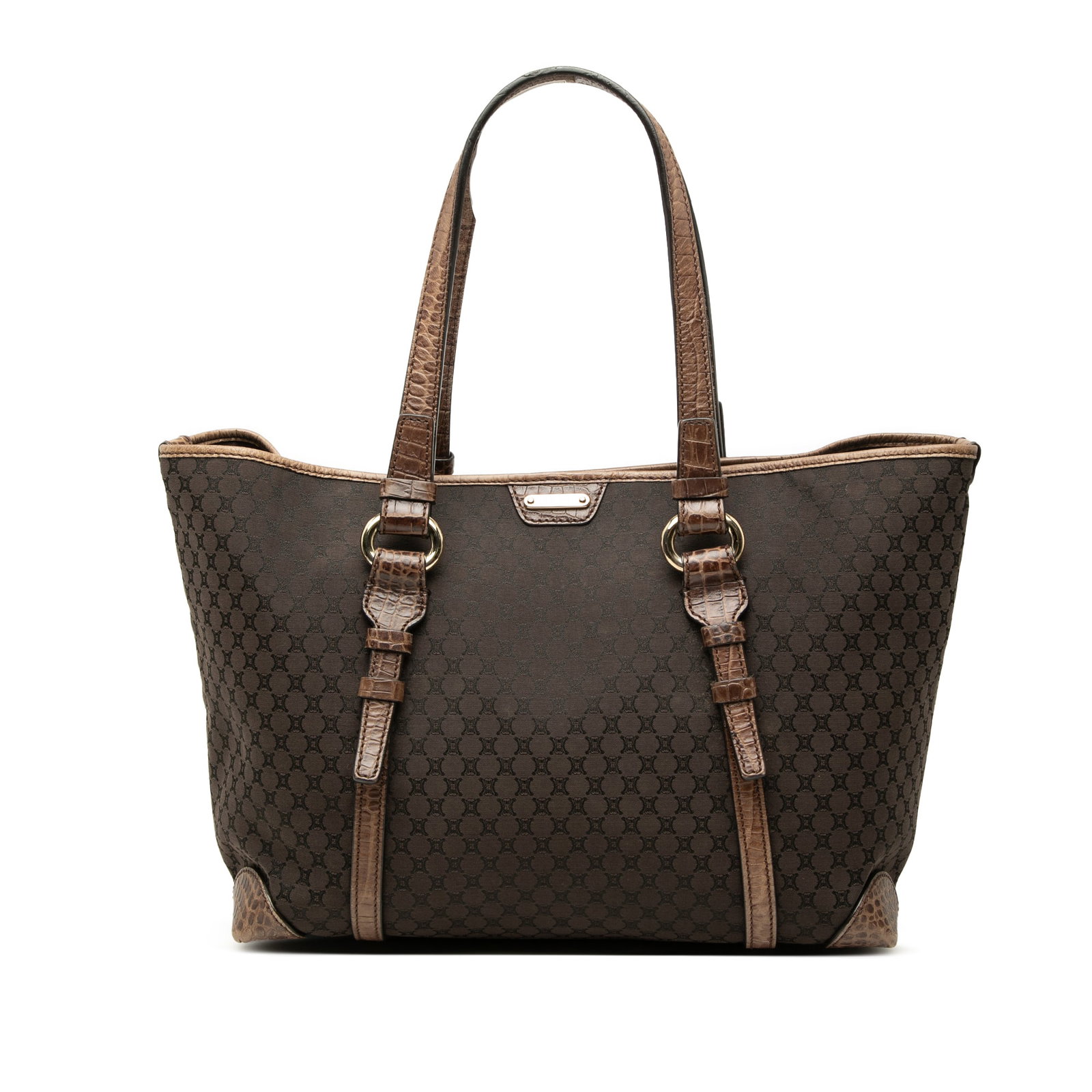 Celine Macadam Brown Canvas Tote Bag with Leather Trim: Celine Macadam Brown Canvas Tote Bag with Leather Trim Celine Macadam Canvas Tote in brown with embossed leather trim and flat leather straps. The bag features an open top with magnetic and hook closu