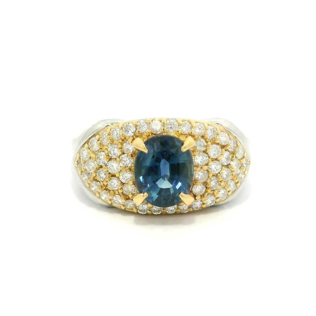 Platinum 18k Gold GIA Certified 3.13ct Sapphire Diamond Cocktail Ring: Platinum 18k Gold GIA Certified 3.13ct Sapphire Diamond Cocktail Ring This exquisite wide ring showcases a stunning natural sapphire, complemented by a brilliant sea of diamonds. The centerpiece is a 