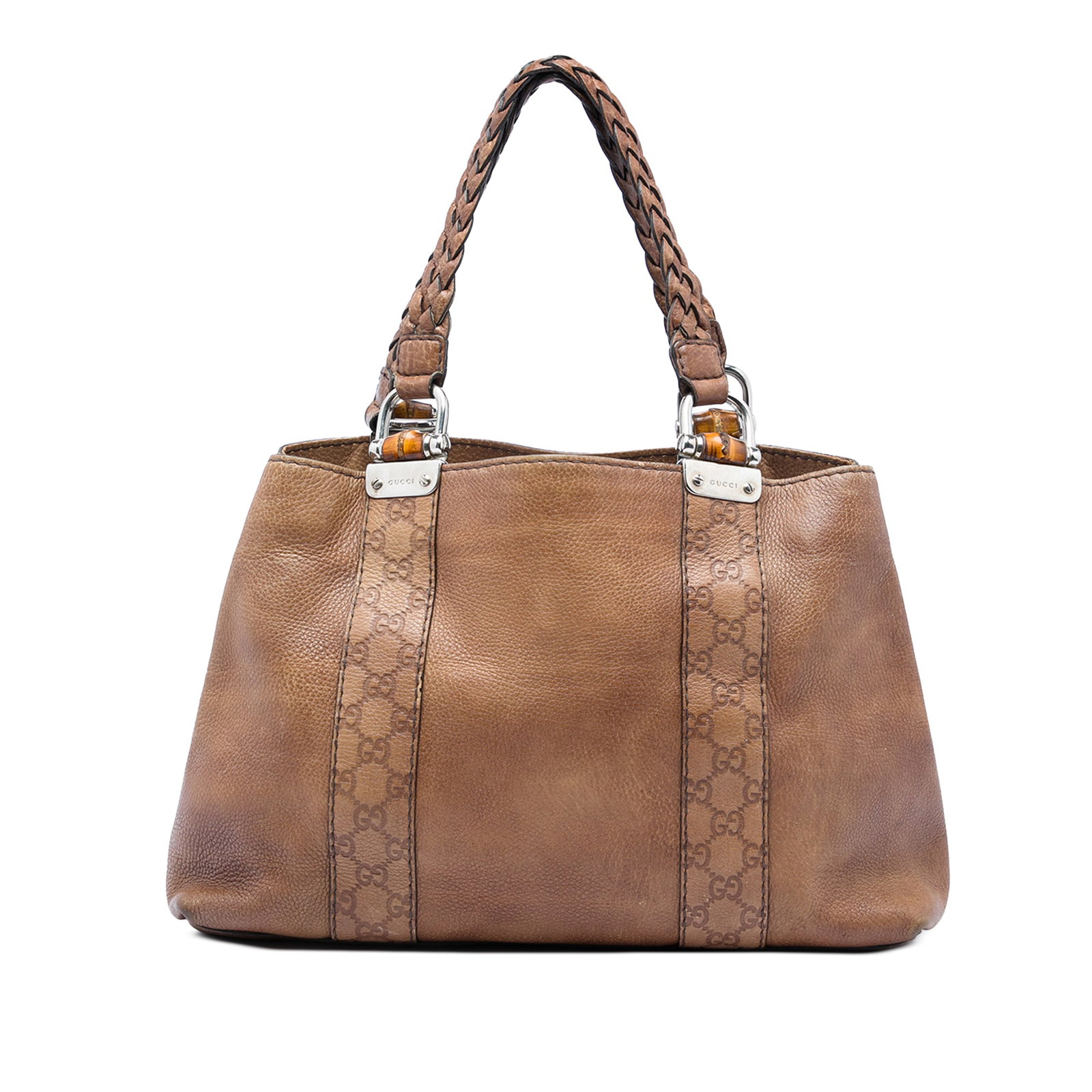 Gucci Libeccio Medium Tote Brown Calfskin Bamboo Trim: Gucci Libeccio Medium Tote Brown Calfskin Bamboo Trim Gucci Medium Guccissima Trimmed Calfskin Bamboo Libeccio Tote in brown leather. This tote features embossed leather trim, woven leather shoulder s