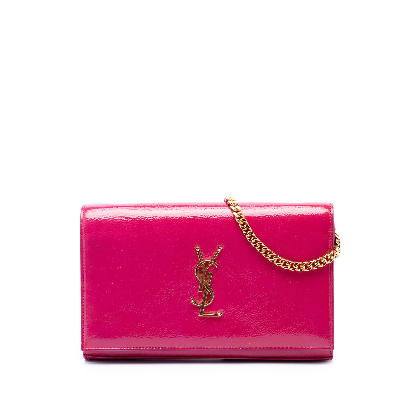 Saint Laurent Kate Wallet on Chain in Pink Patent Leather: Saint Laurent Kate Wallet on Chain in Pink Patent Leather A Saint Laurent Kate wallet on chain in pink patent leather with the signature monogram styling. This compact shoulder bag features a gold ton