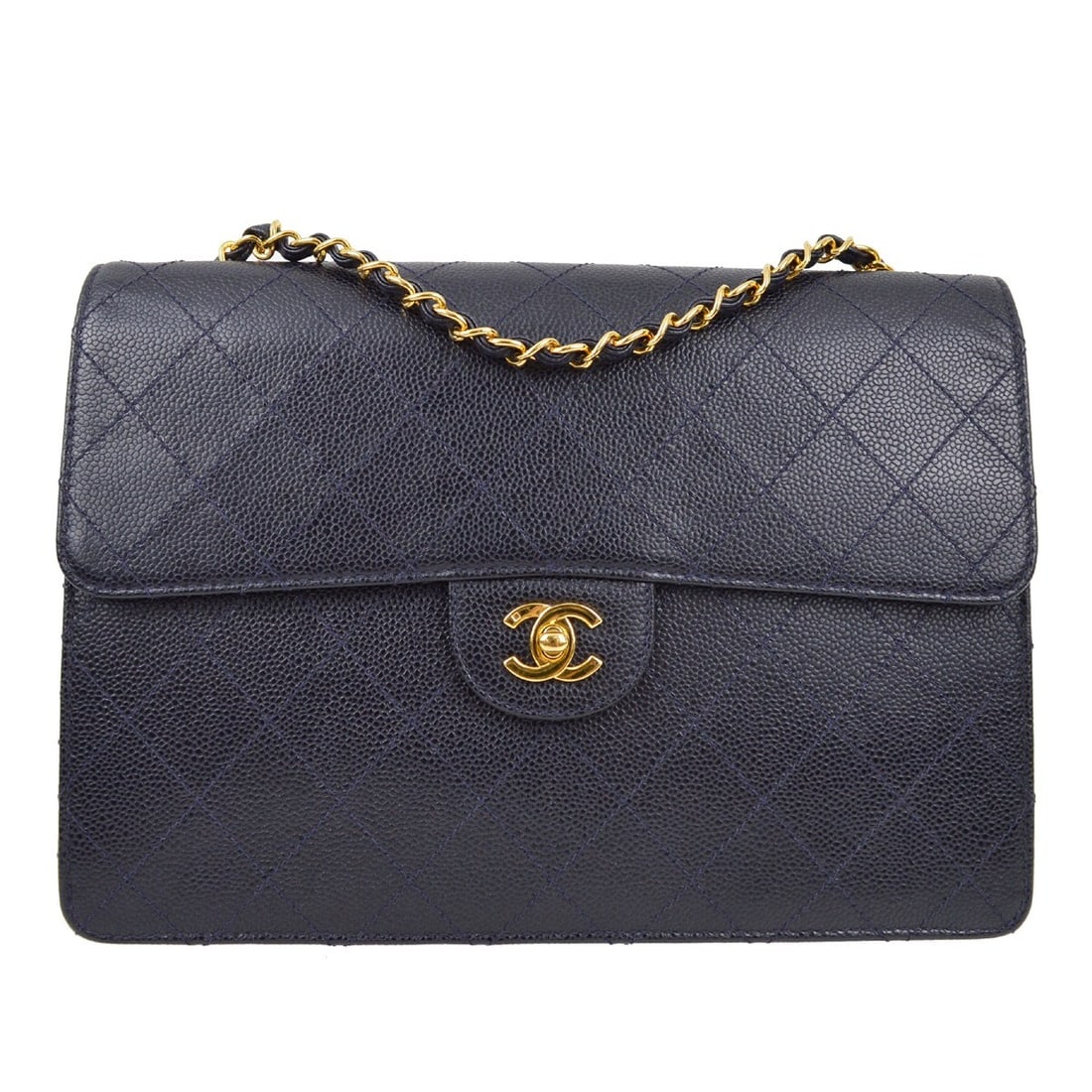 CHANEL Classic Single Flap Shoulder Bag Navy Caviar Leather: CHANEL Classic Single Flap Shoulder Bag Navy Caviar Leather Chanel Classic Single Flap shoulder bag in navy caviar skin leather with a turn-lock closure. This large women's bag is made in France and i