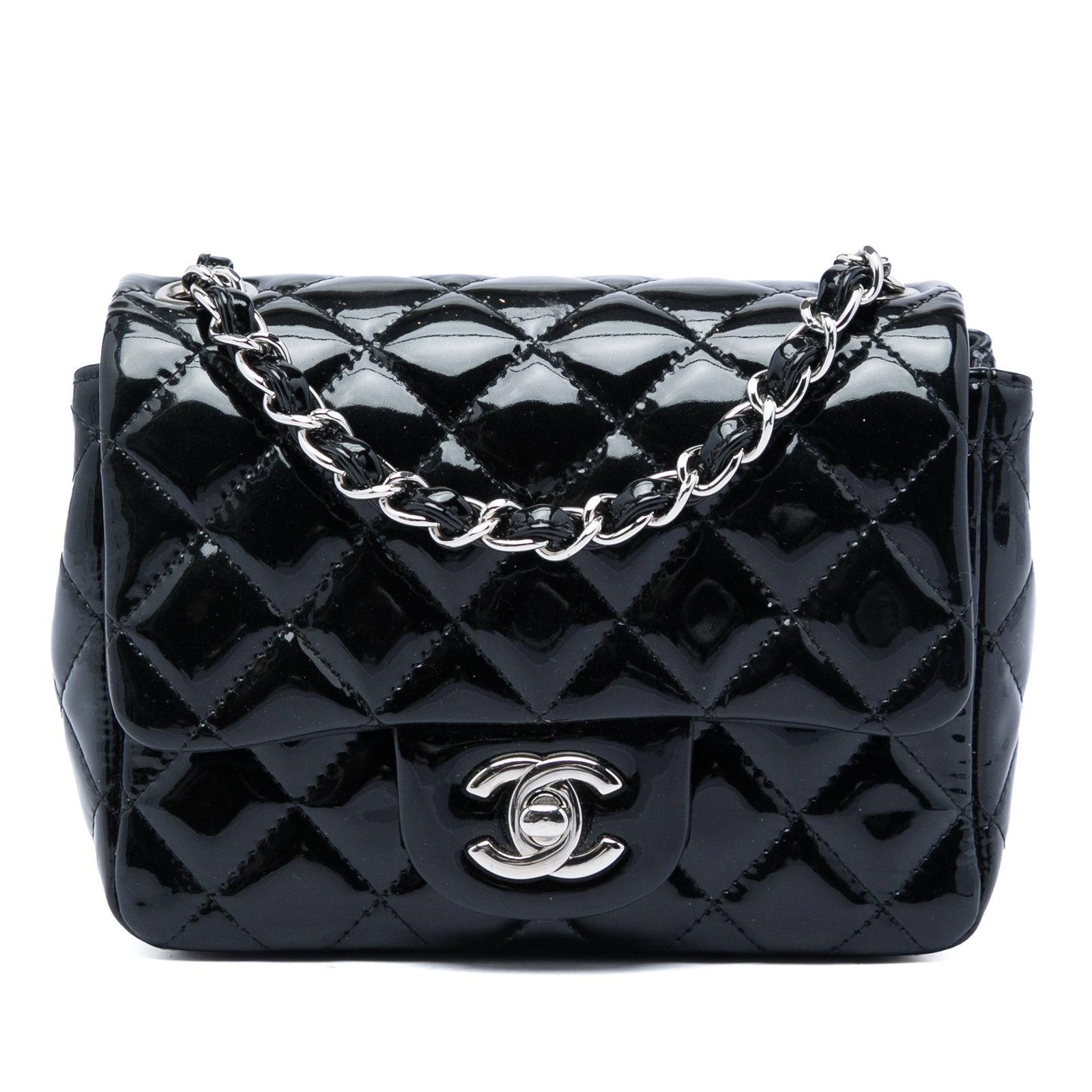 Chanel Mini Square Classic Patent Flap Bag Black Leather: Chanel Mini Square Classic Patent Flap Bag Black Leather Mini Square Classic Patent Single Flap bag in black quilted patent leather with a leather-woven chain shoulder strap. The design features a fro