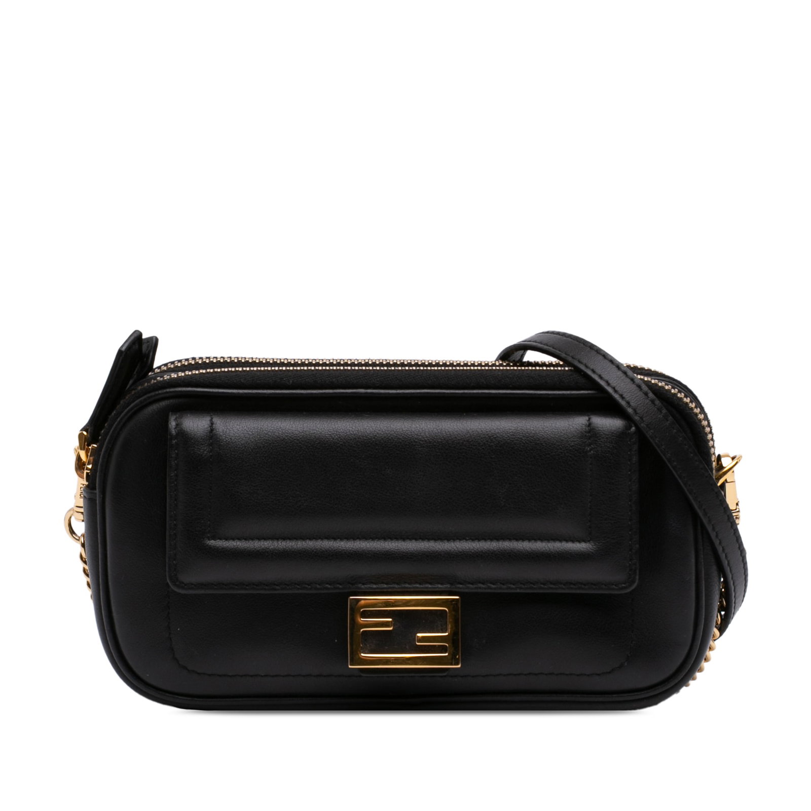Fendi Easy 2 Baguette Black Leather Crossbody Bag: Fendi Easy 2 Baguette Black Leather Crossbody Bag Fendi Leather Easy 2 Baguette Crossbody bag from Italy, crafted in leather with a chain link shoulder strap and leather guard. It features dual compar