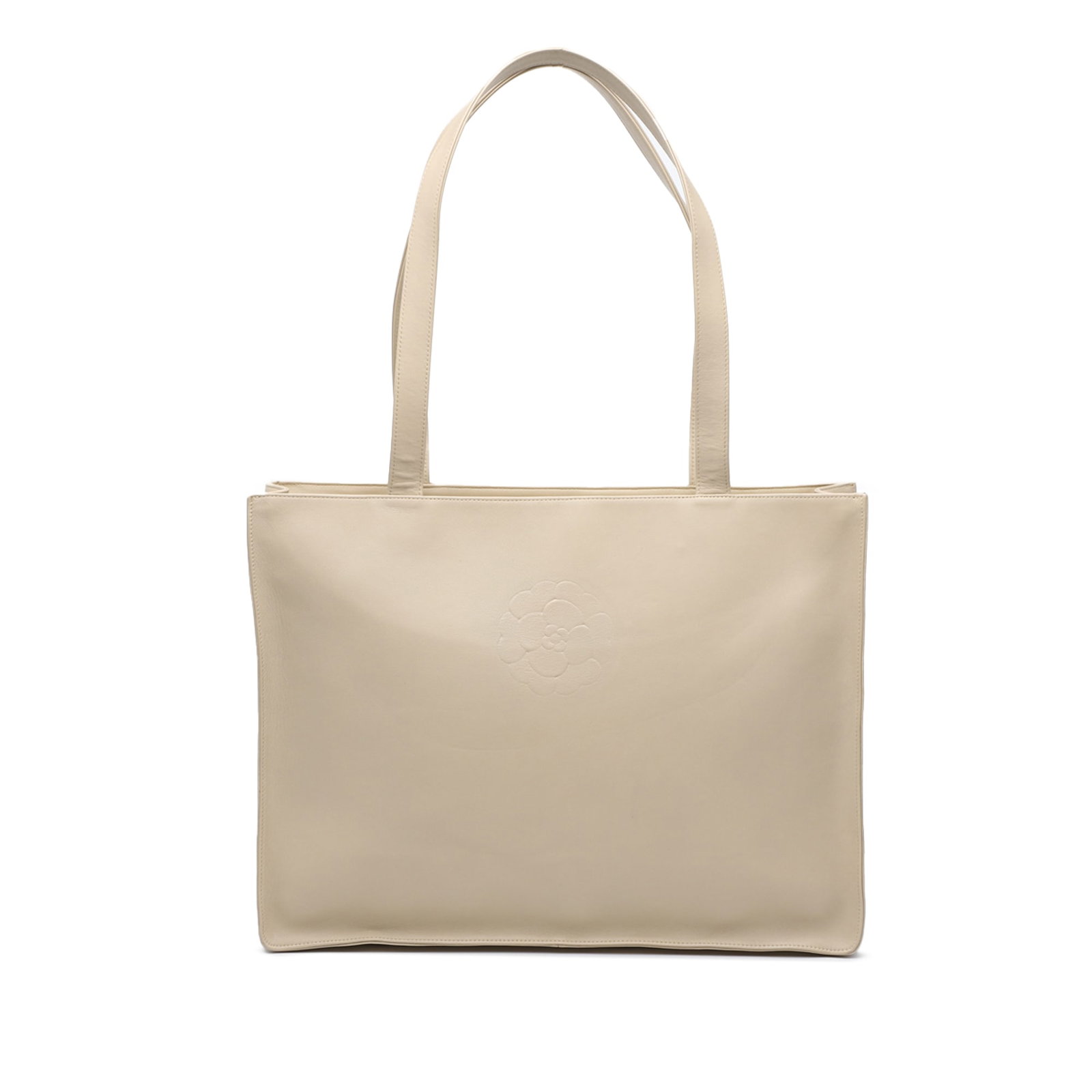 Chanel Lambskin CC Camellia Tote Bag Brown Leather France: Chanel Lambskin CC Camellia Tote Bag Brown Leather France This exquisite tote showcases a luxurious lambskin leather body, designed with flat leather straps and a secure top zip closure. The spacious 