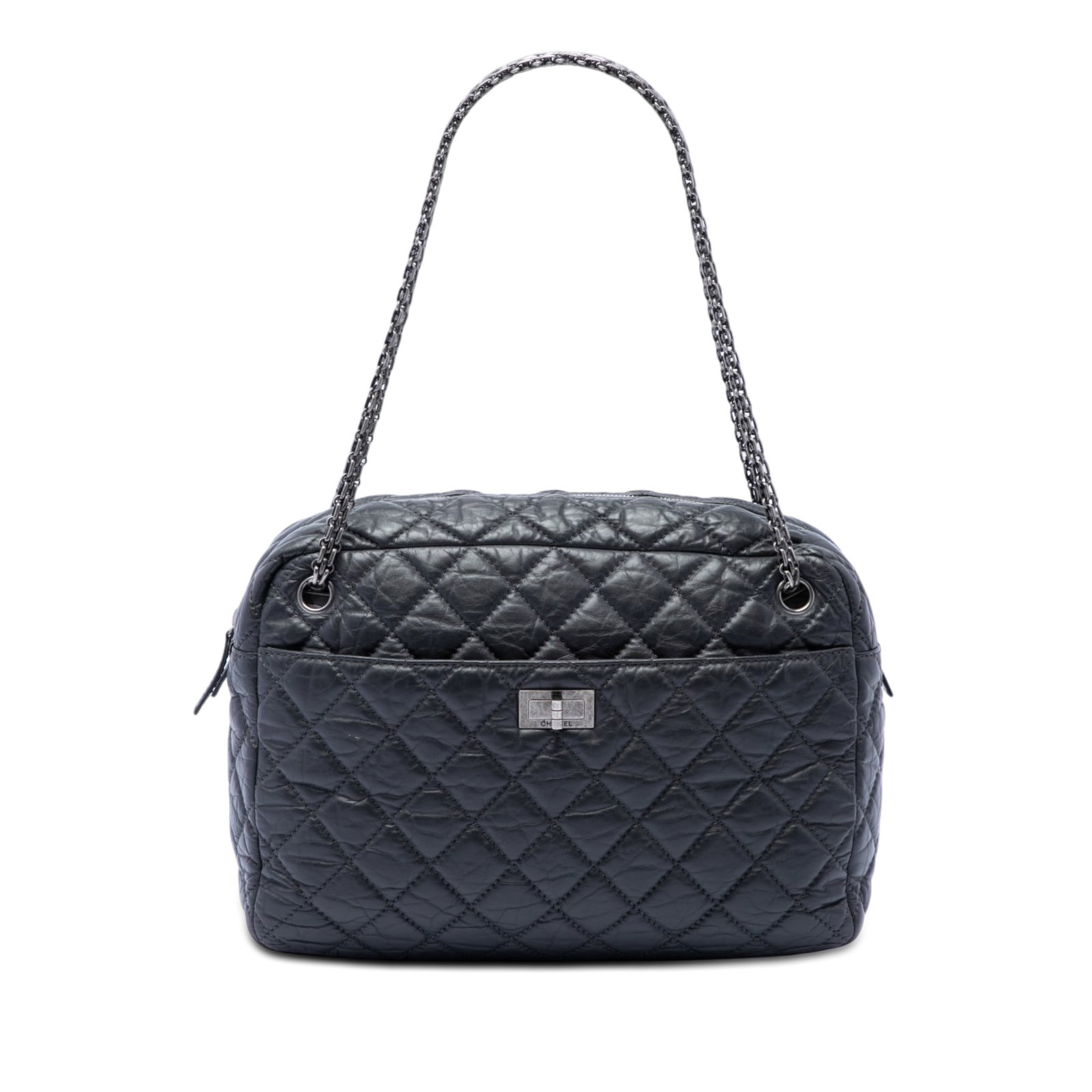 Chanel Reissue Large Camera Crossbody in Quilted Aged Calfskin: Chanel Reissue Large Camera Crossbody in Quilted Aged Calfskin A Chanel Large Quilted Aged Calfskin Reissue Camera Bag in black leather with a crossbody silhouette. This bag features a quilted leather