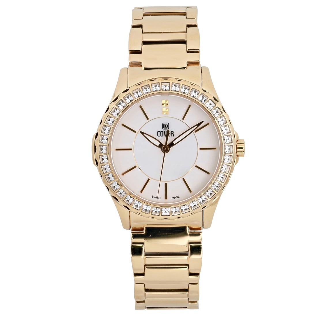 COVER Quartz Ladies Watch 35mm Gold Plated MOP White Dial CO191.03: COVER Quartz Ladies Watch 35mm Gold Plated MOP White Dial CO191.03 This exquisite COVER Ladies Quartz Watch features a 35mm round case made of gold PVD coated stainless steel, complemented by a stunni
