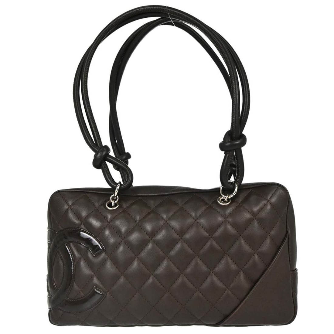CHANEL Cambon Ligne brown calfskin top handle handbag: CHANEL Cambon Ligne brown calfskin top handle handbag Chanel Cambon Ligne Bowling Bag 27 in brown calfskin leather with a quilted matelasse design and logo accents. This medium top handle bag features