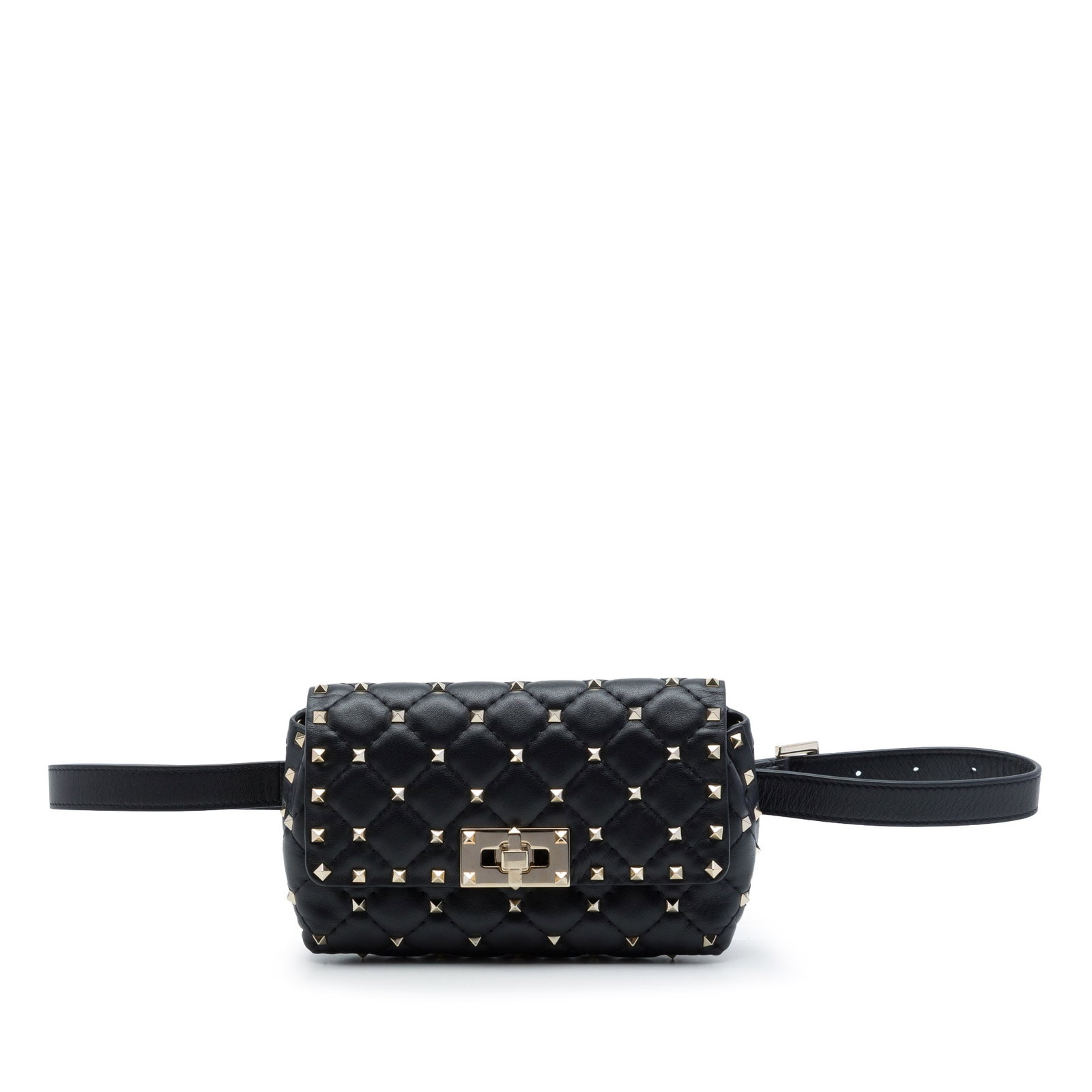 Valentino Rockstud Spike lambskin belt bag black leather: Valentino Rockstud Spike lambskin belt bag black leather A Valentino Rockstud Spike belt bag crafted in black quilted lambskin leather. It features signature rockstud detailing, an adjustable flat wai