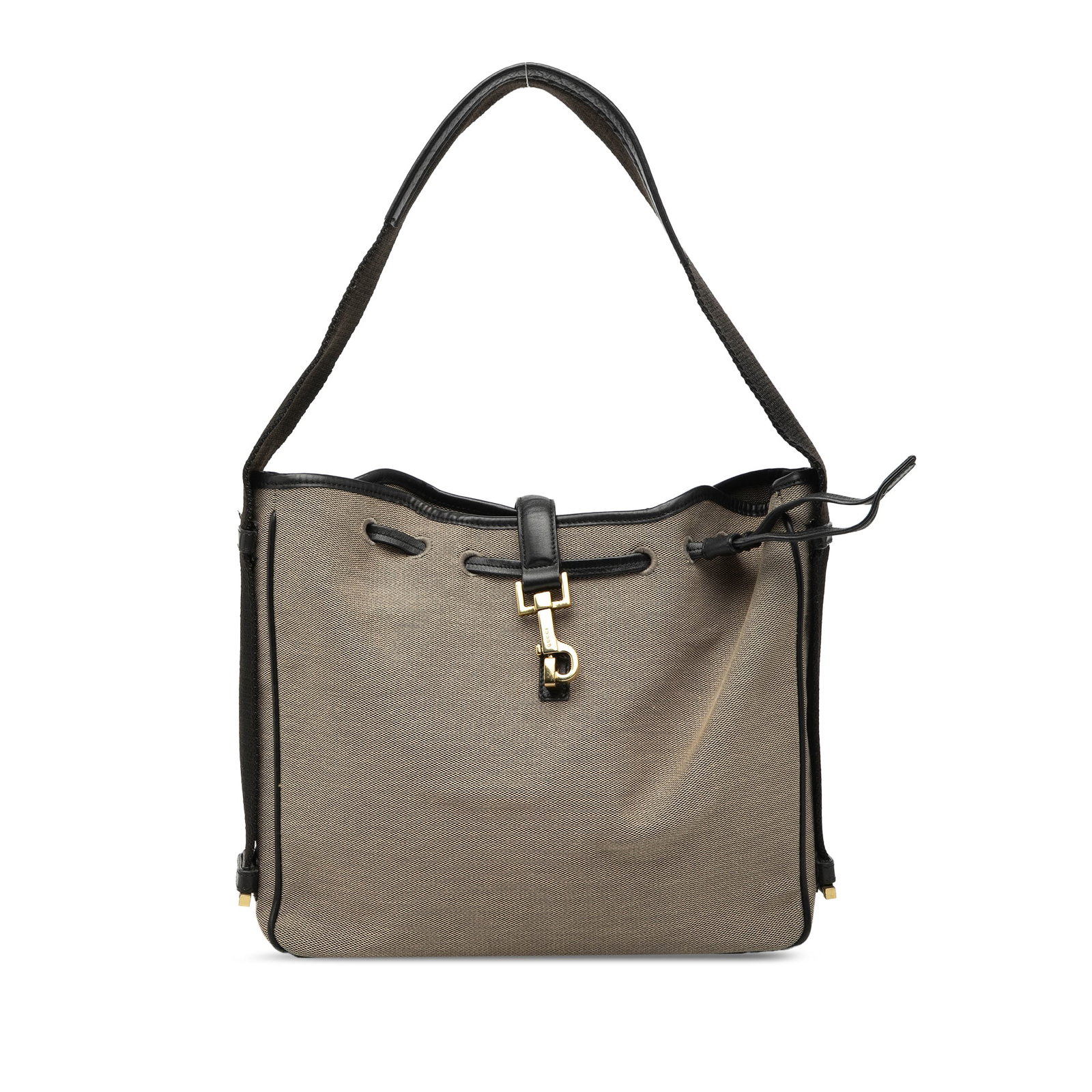 Gucci Canvas Drawstring Shoulder Bag in Beige Leather Trim: Gucci Canvas Drawstring Shoulder Bag in Beige Leather Trim Gucci canvas drawstring shoulder bag with leather trim and a flat leather strap. The design features a top strap with push lock closure, a to