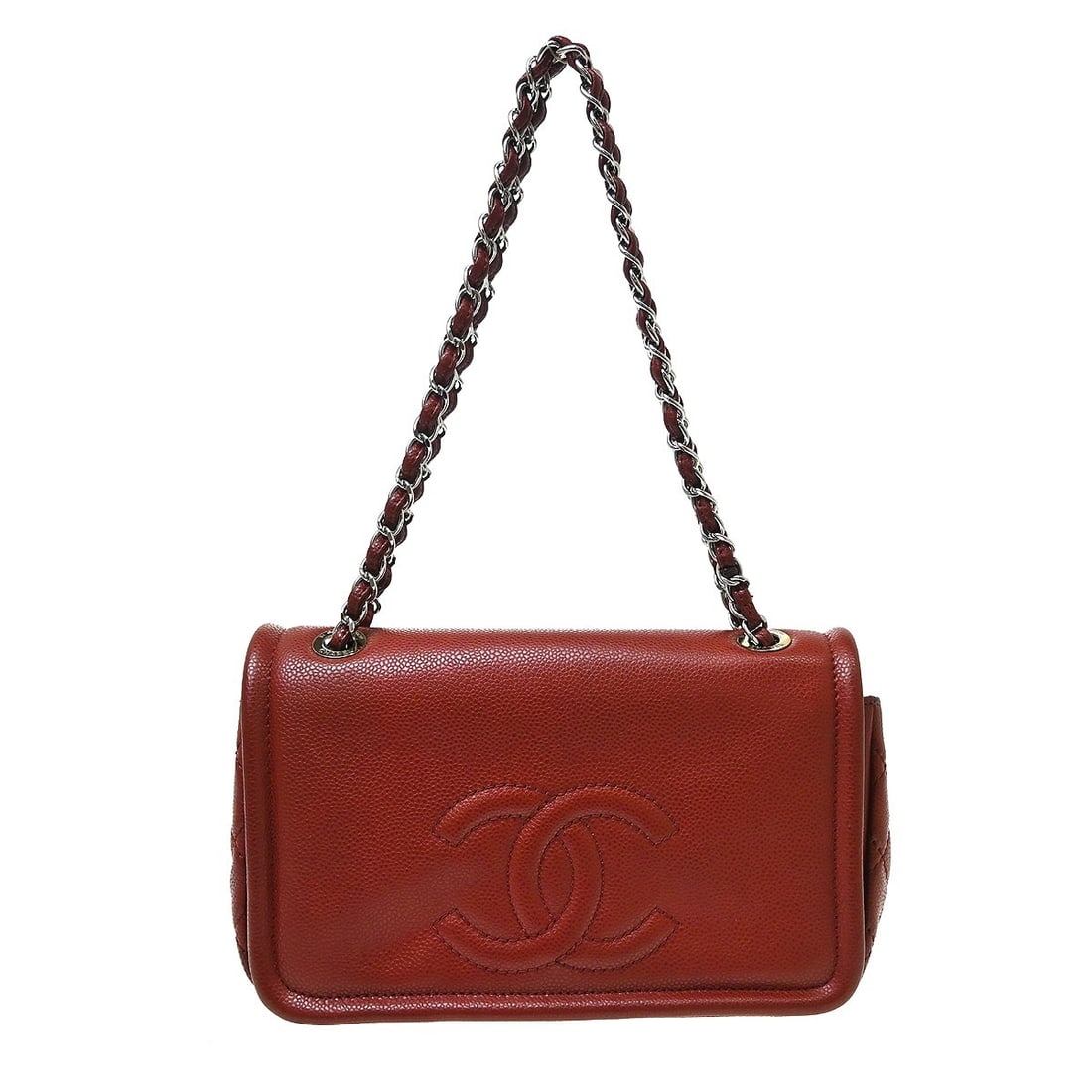 CHANEL Medium Red Caviar Leather Shoulder Bag Matelasse Flap: CHANEL Medium Red Caviar Leather Shoulder Bag Matelasse Flap Chanel straight flap shoulder bag in red caviar skin leather with a matelasse quilted finish and logo accent. The bag features a button fla