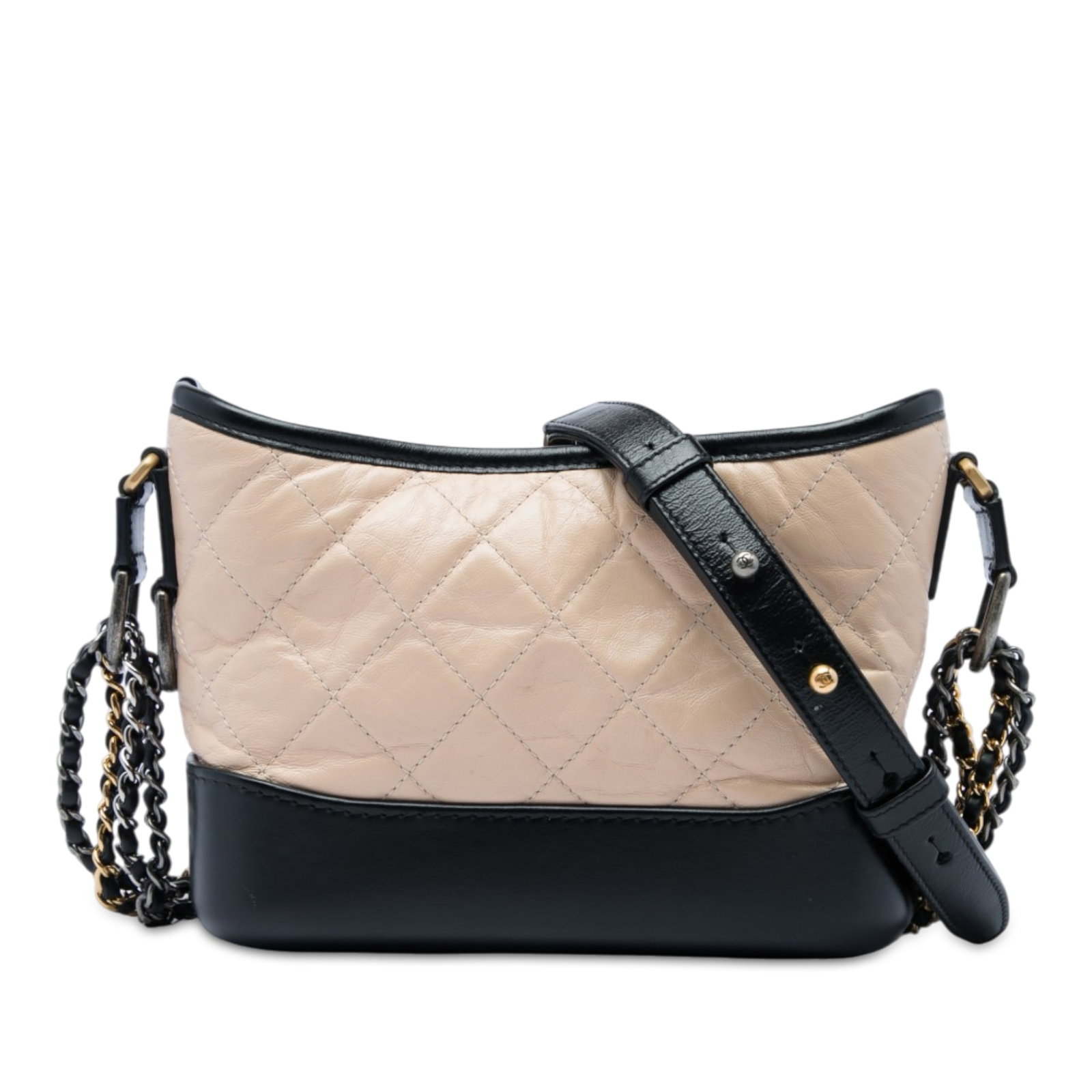 Chanel Gabrielle Small Bicolor Quilted Aged Calfskin Hobo Bag: Chanel Gabrielle Small Bicolor Quilted Aged Calfskin Hobo Bag A Chanel Gabrielle hobo bag crafted in bicolor quilted aged calfskin leather. This small bag features leather-woven chain straps with an a