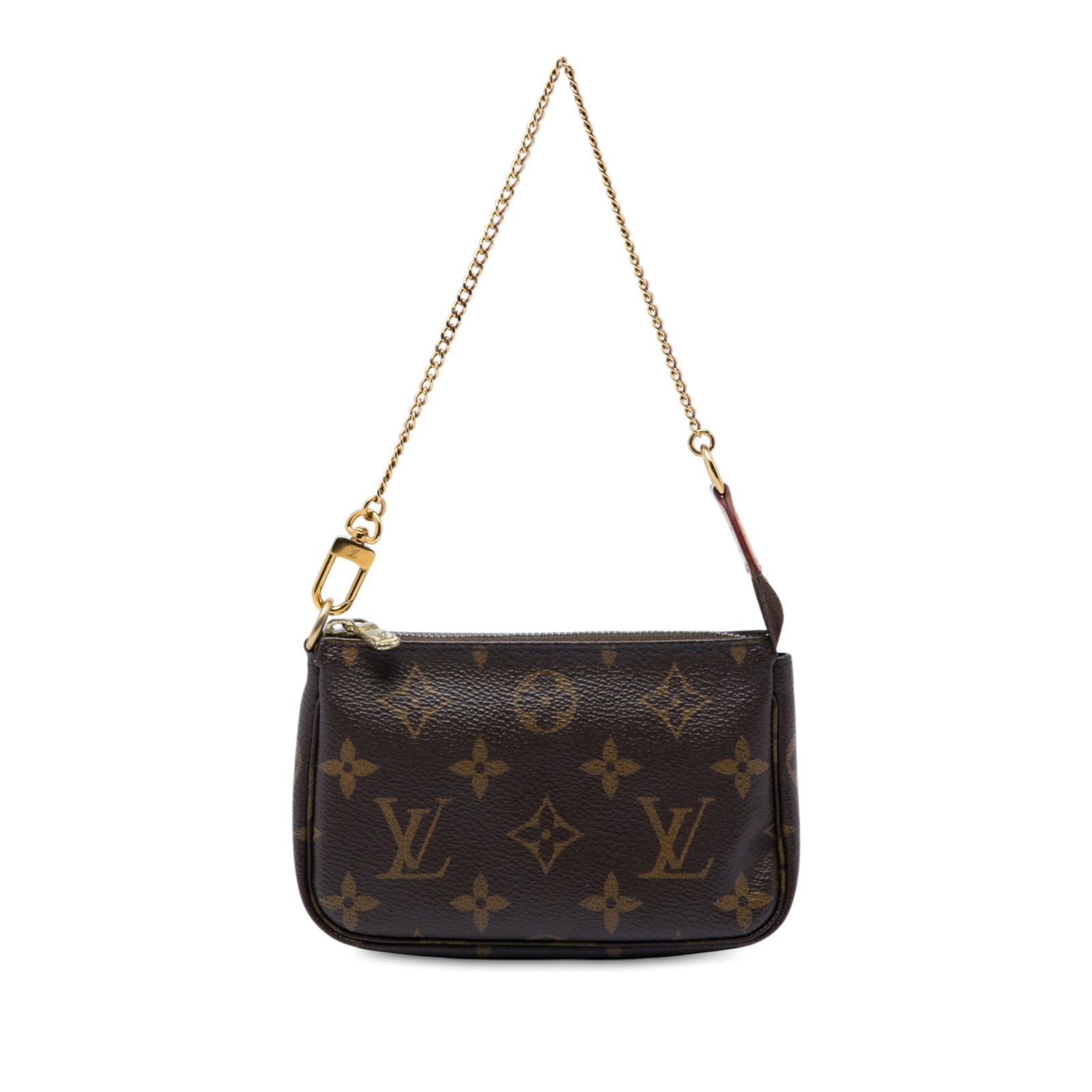 Brown Monogram Canvas Pouch Louis Vuitton Mini Pochette Accessoires: Brown Monogram Canvas Pouch Louis Vuitton Mini Pochette Accessoires Louis Vuitton Monogram Mini Pochette Accessoires in brown monogram canvas with a chain link strap and top zip closure. Made in Spain