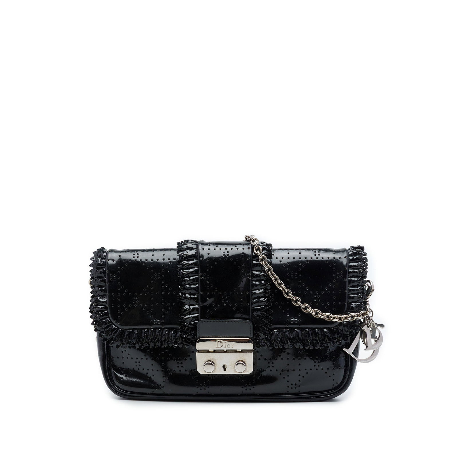 Dior New Lock Ruffle Pouch Crossbody in Black Patent Leather: Dior New Lock Ruffle Pouch Crossbody in Black Patent Leather A Dior crossbody bag crafted in black perforated patent leather with Cannage detailing and ruffle accents. The design features a chain link