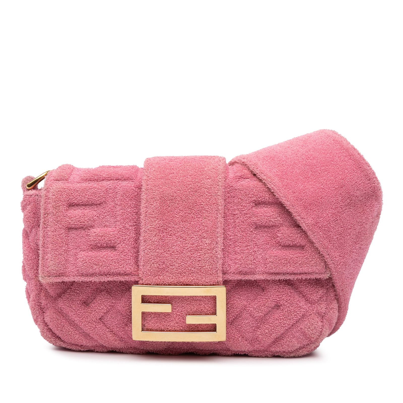 Fendi FF 1974 Convertible Belt Baguette Pink Terry Cloth Bag: Fendi FF 1974 Convertible Belt Baguette Pink Terry Cloth Bag This Fendi Embossed Terry Cloth FF 1974 Convertible Belt Baguette is a stylish and versatile accessory, crafted from luxurious embossed ter