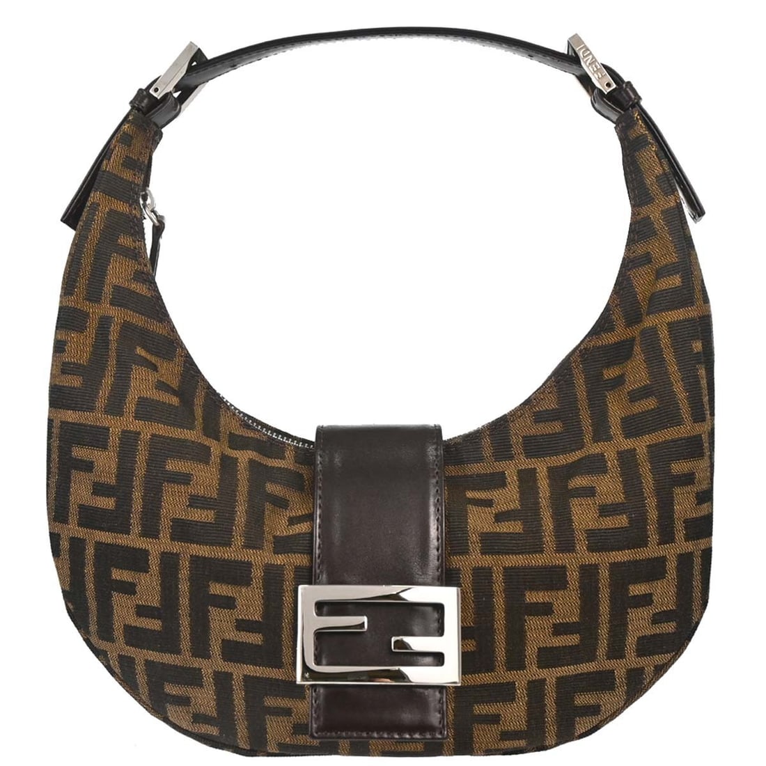 Fendi Zucca Brown Canvas Top Handle Handbag Silver Tone: Fendi Zucca Brown Canvas Top Handle Handbag Silver Tone Fendi Zucca handbag in brown canvas with leather trim and silver-tone hardware. This women's medium handbag features a top handle, magnetic clos