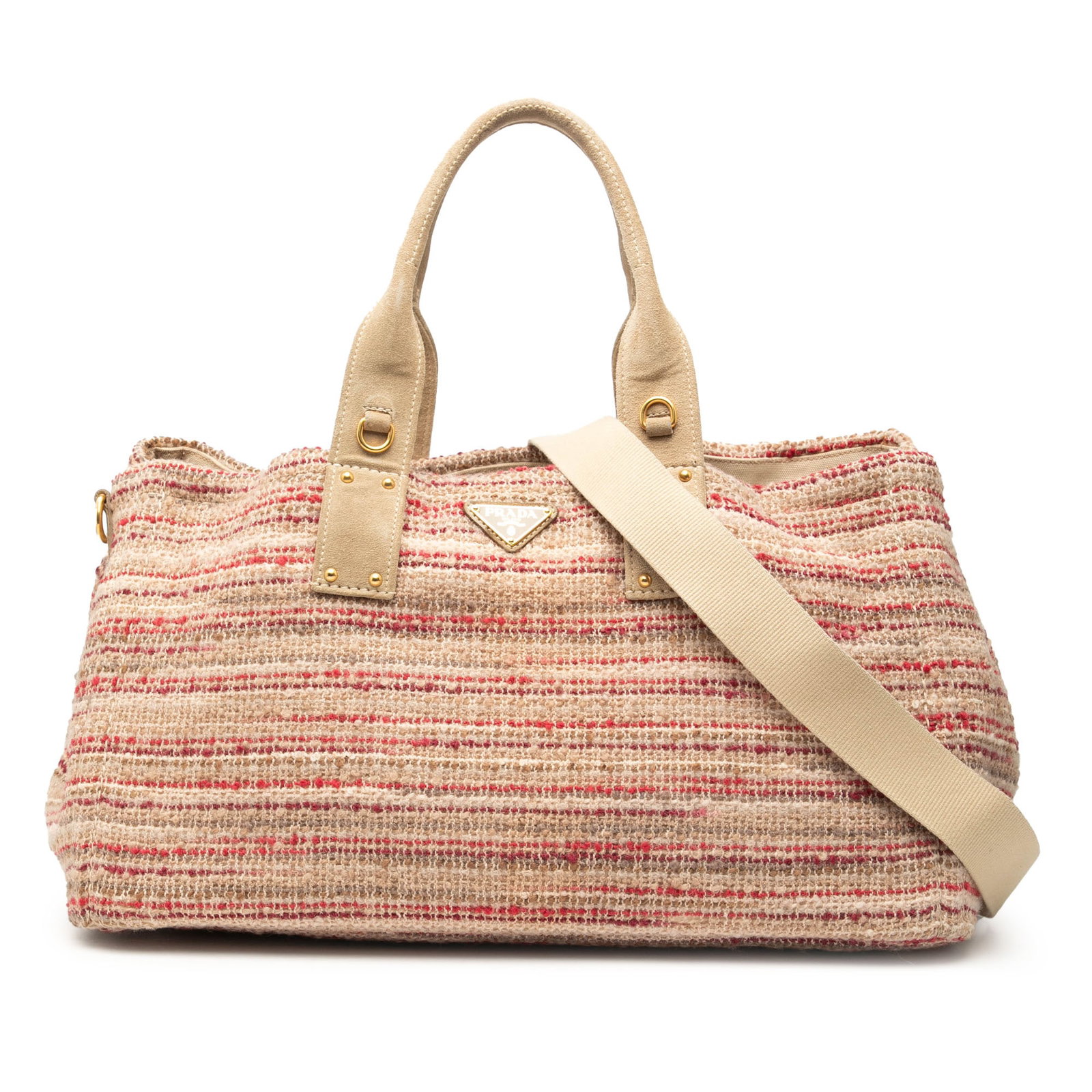 Prada Tweed Satchel Bag with Detachable Strap and Multiple Pockets: Prada Tweed Satchel Bag with Detachable Strap and Multiple Pockets This Prada Tweed Satchel features a multicolor tweed fabric body with rolled handles and a detachable flat strap. The open top provid