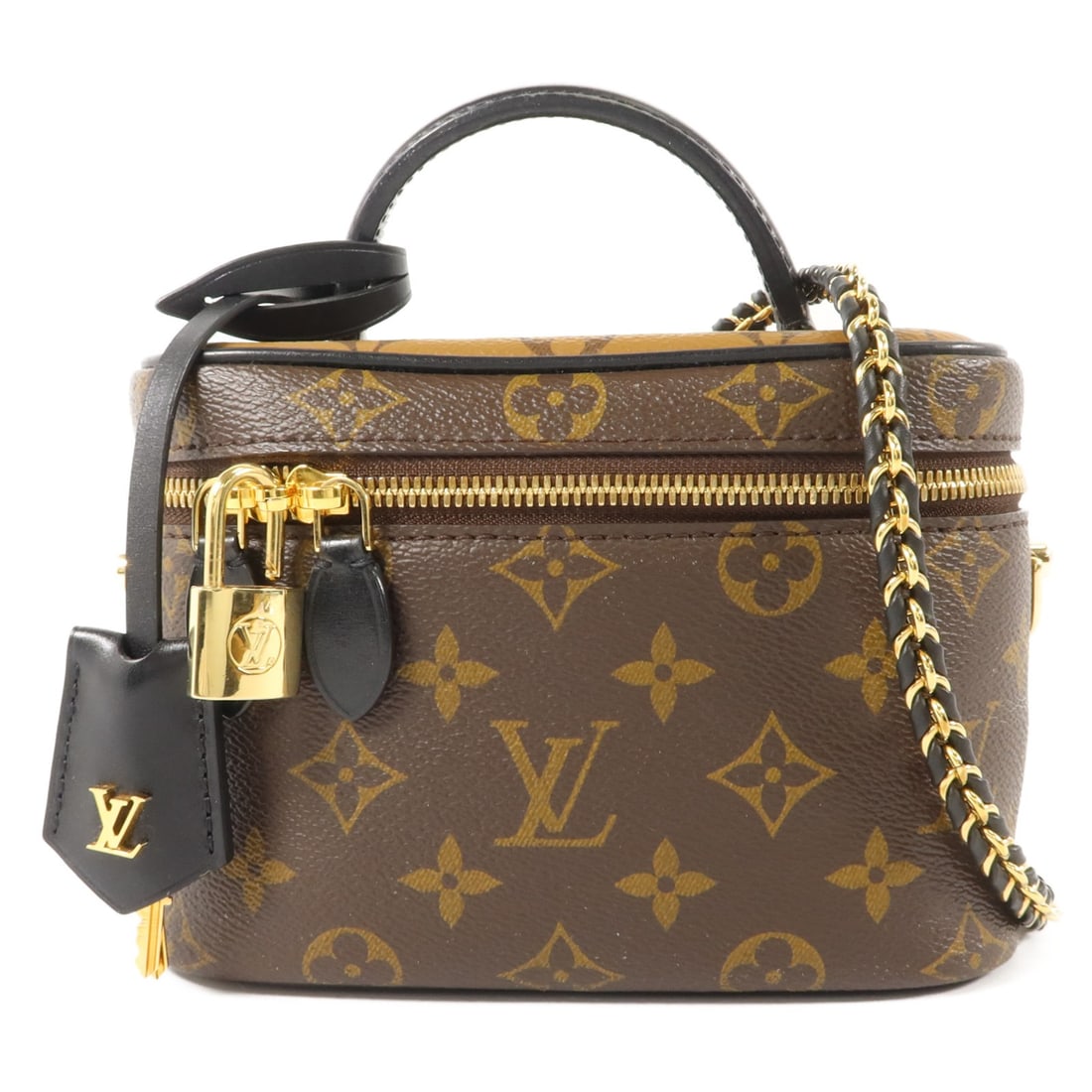 Louis Vuitton M45165 Vanity PM 2way Shoulder Bag Monogram Reverse Brown: Louis Vuitton M45165 Vanity PM 2way Shoulder Bag Monogram Reverse Brown Louis Vuitton Vanity PM 2-way shoulder bag in Monogram Reverse and PVC coated canvas with a brown exterior. This women's bag fea