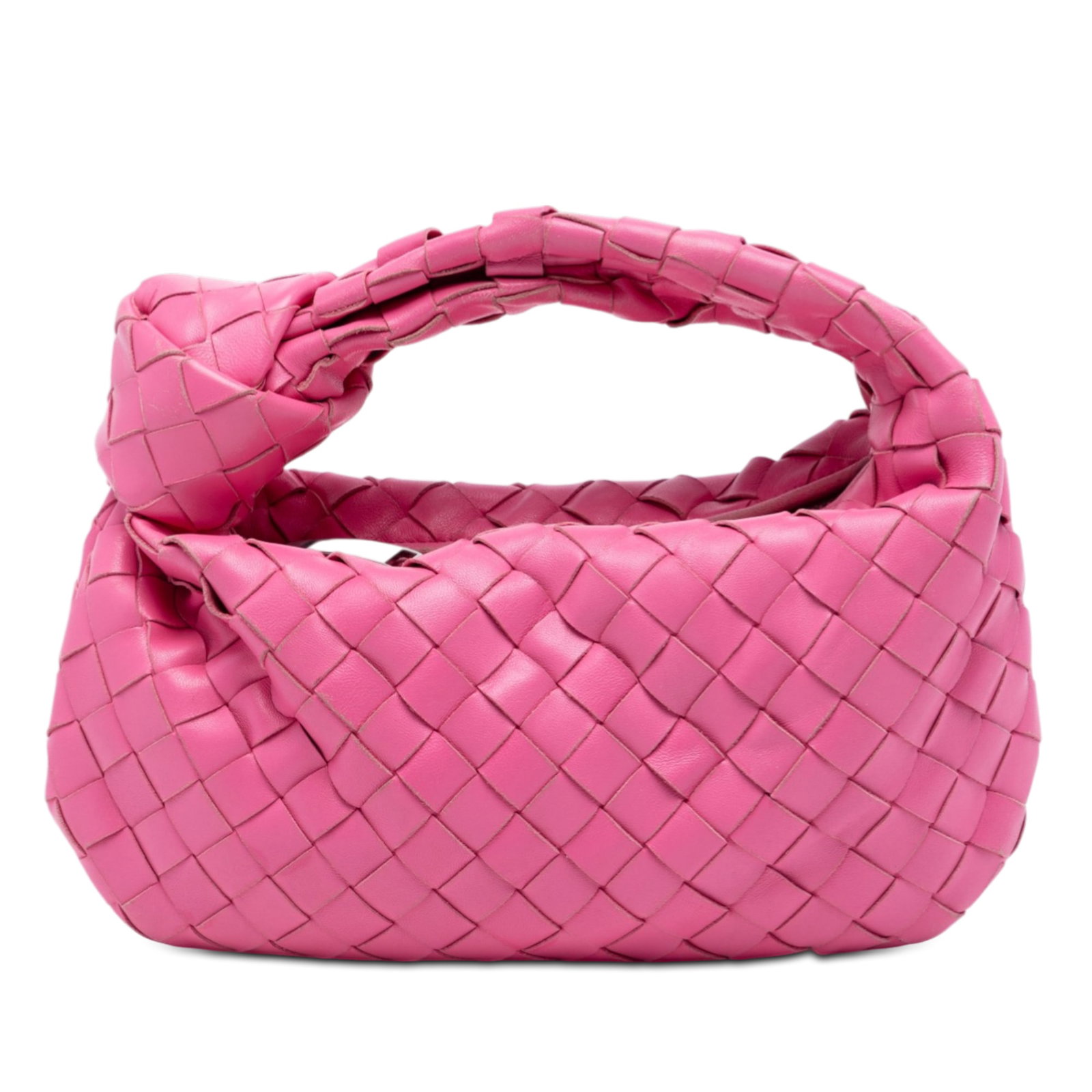 Bottega Veneta Mini Jodie Pink Woven Leather Bag: Bottega Veneta Mini Jodie Pink Woven Leather Bag This Bottega Veneta Mini Nappa Intrecciato Jodie bag features a signature woven leather body in pink with a distinctive knotted handle and a top zip cl