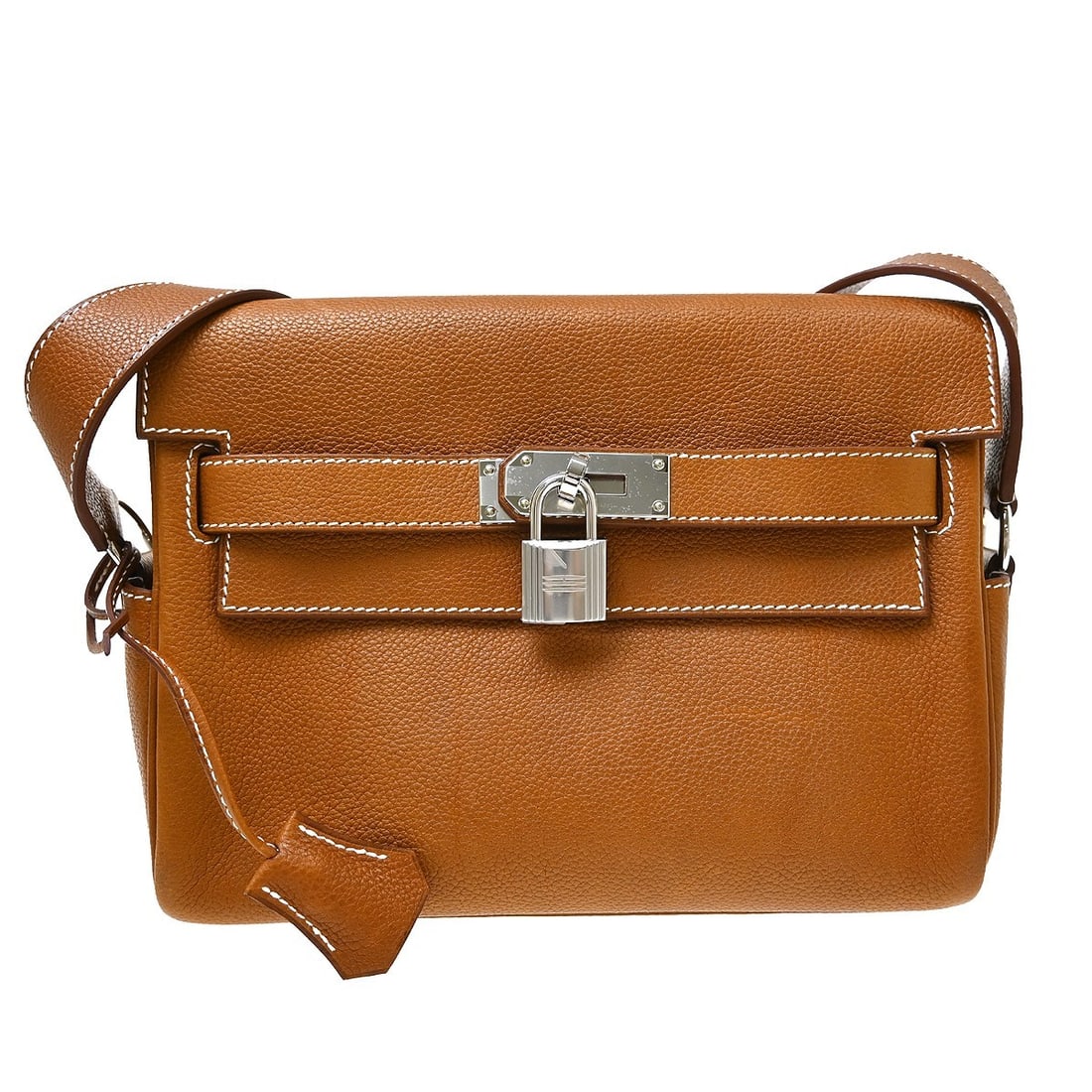 Hermes Kelly Messenger PM Gold Togo Leather Shoulder Bag: Hermes Kelly Messenger PM Gold Togo Leather Shoulder Bag Hermes Kelly Messenger PM shoulder bag in gold Togo leather, made in France. It features a turn lock flap closure, silver-tone hardware, a brow