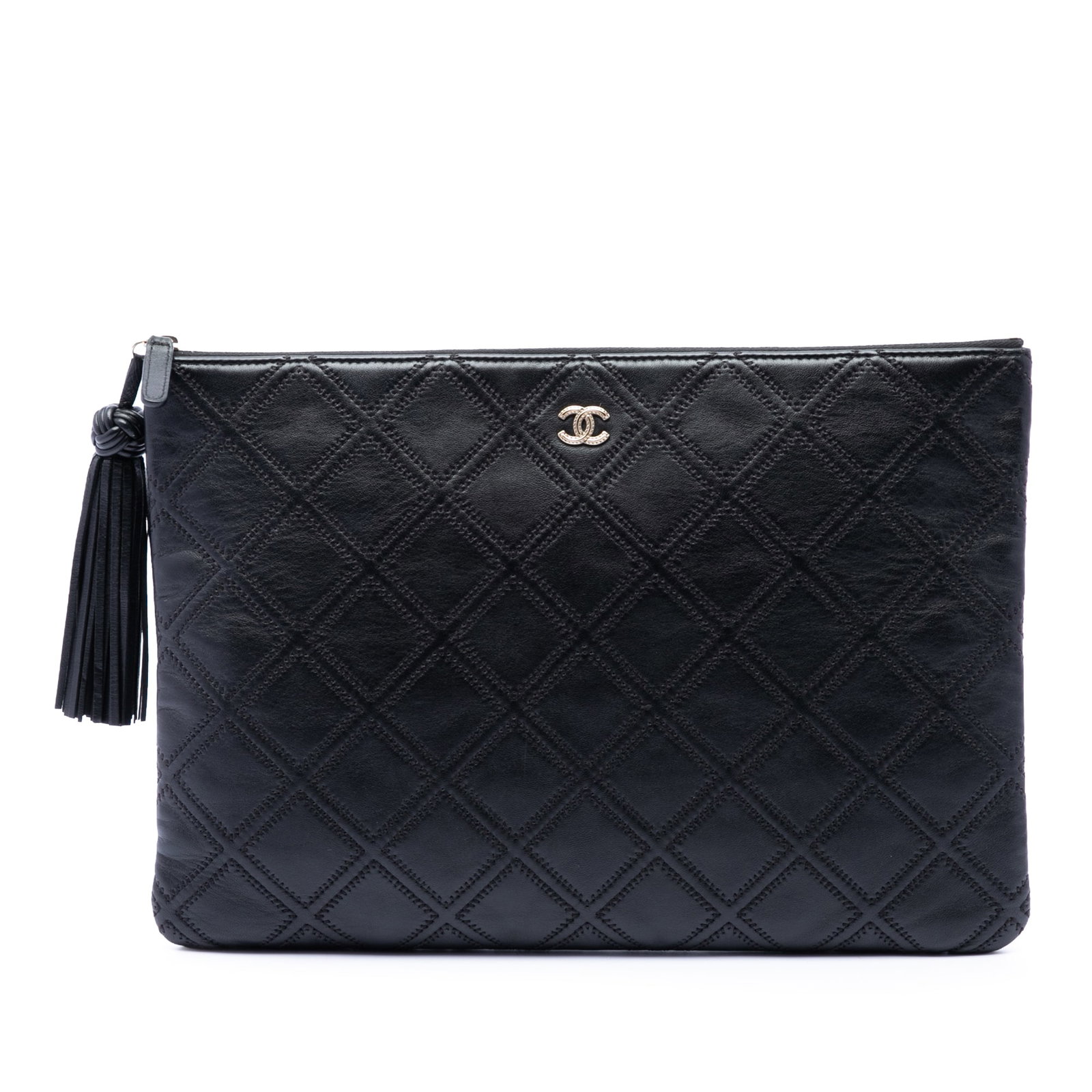 Chanel O Case Clutch in Black Quilted Lambskin with Tassel: Chanel O Case Clutch in Black Quilted Lambskin with Tassel A Chanel O Case clutch crafted in black quilted lambskin leather with double-stitch detailing. This zip-top clutch is finished with a tassel 