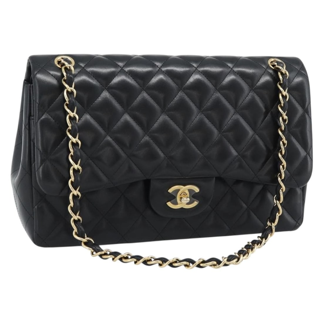 CHANEL Matelasse 30 Lamb Skin Shoulder Bag Black Gold CC: CHANEL Matelasse 30 Lamb Skin Shoulder Bag Black Gold CC CHANEL Matelasse 30 Chain Shoulder Bag in lamb skin with a gold and black colorway. This women's shoulder bag is made in Italy and comes with a