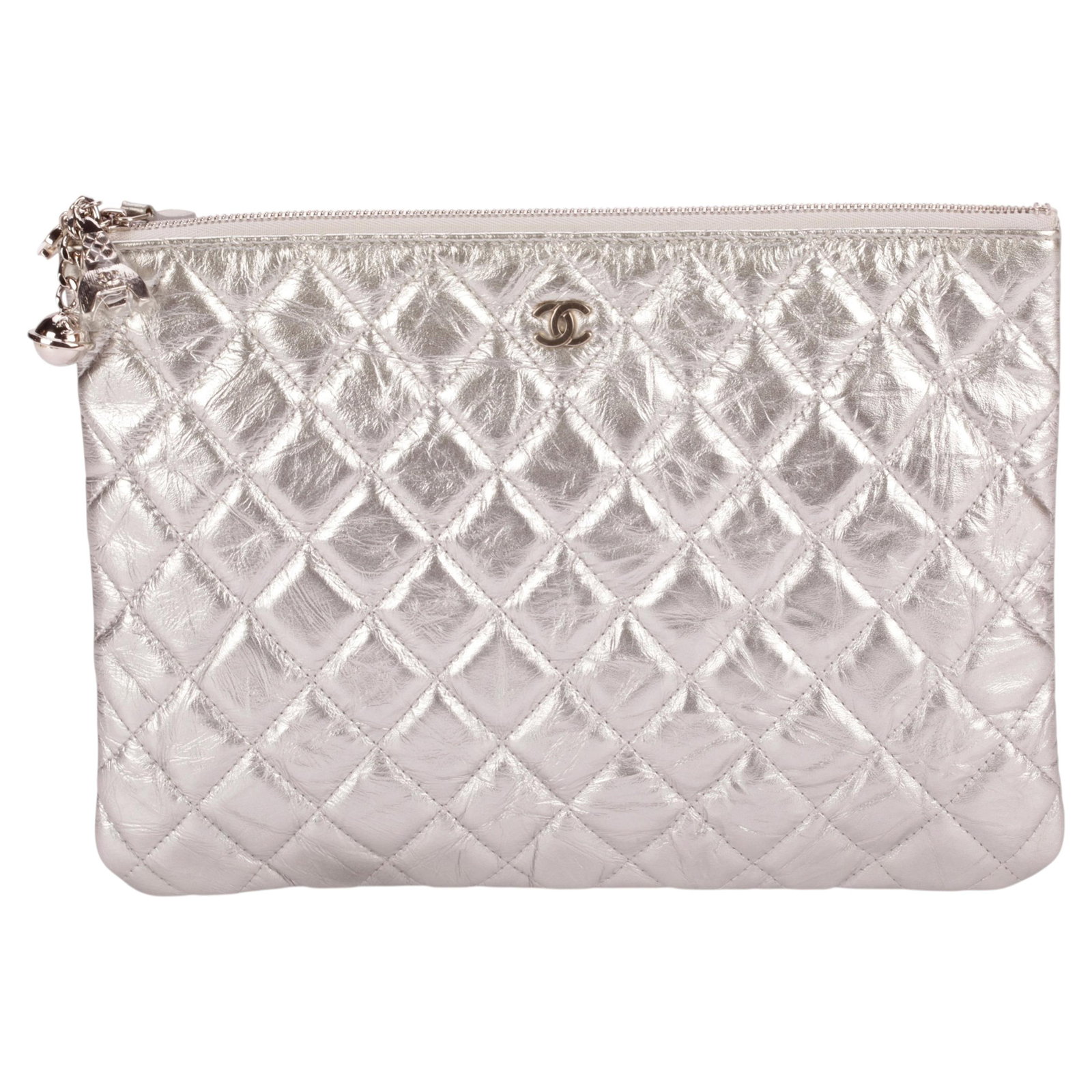 Chanel metallic quilted lambskin clutch with dust cover: Chanel metallic quilted lambskin clutch with dust cover A Chanel metallic crinkled clutch crafted in quilted lambskin with a zip closure and a half moon pocket on the back. Finished in metallic silver