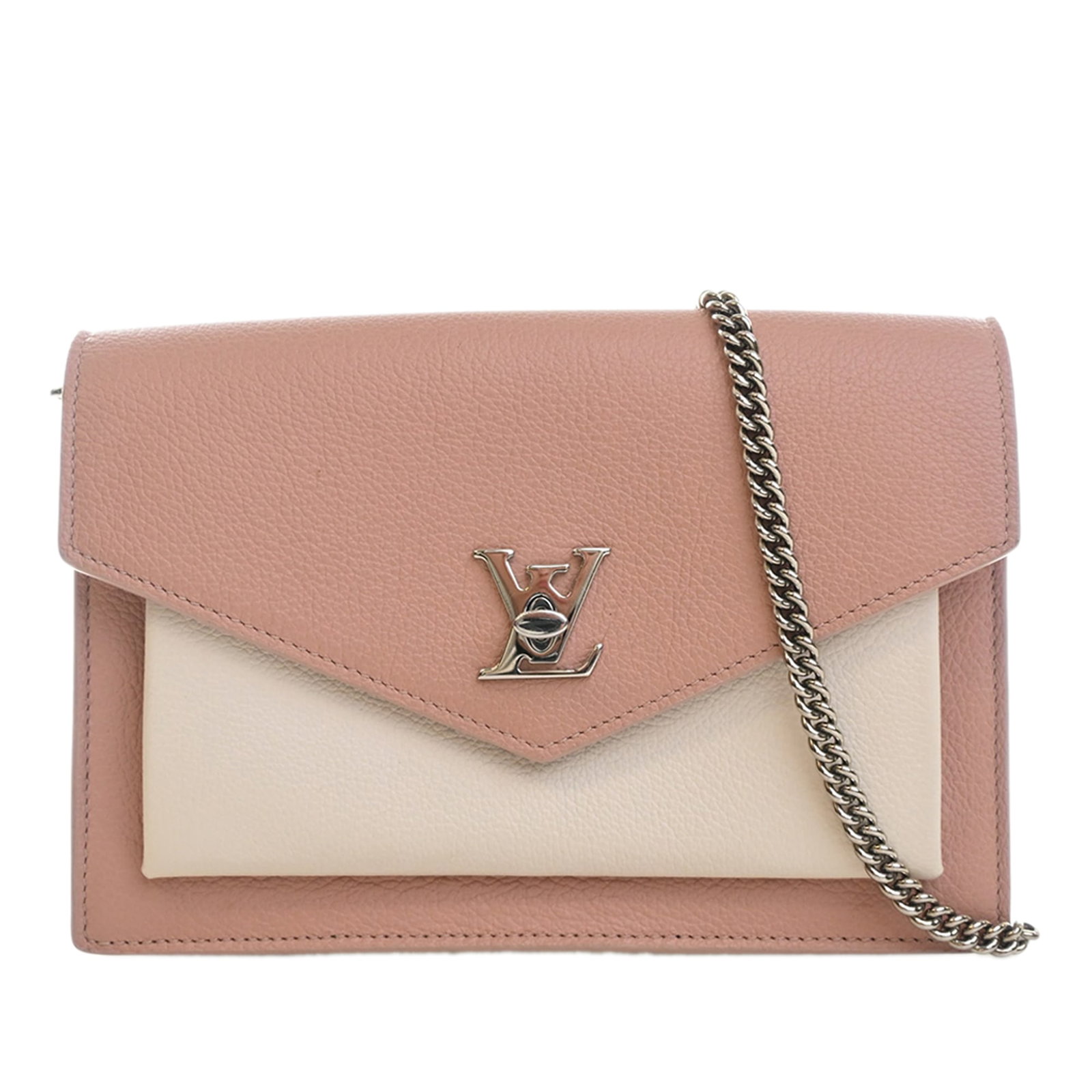 Louis Vuitton MyLockMe Chain Pochette in Pink Bicolor Leather: Louis Vuitton MyLockMe Chain Pochette in Pink Bicolor Leather A Louis Vuitton MyLockMe Chain Pochette crafted in bicolor leather with a structured flap-front design and twist lock closure. This compac