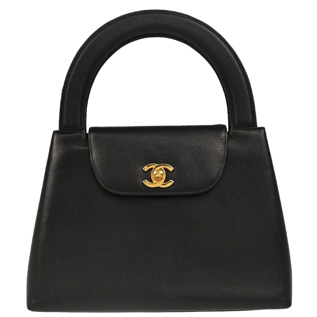 CHANEL Caviar top handle satchel black caviar leather turn lock: CHANEL Caviar top handle satchel black caviar leather turn lock A Chanel women's satchel/top handle handbag in black caviar skin leather with a gold-tone turn lock closure. It features a top handle wi