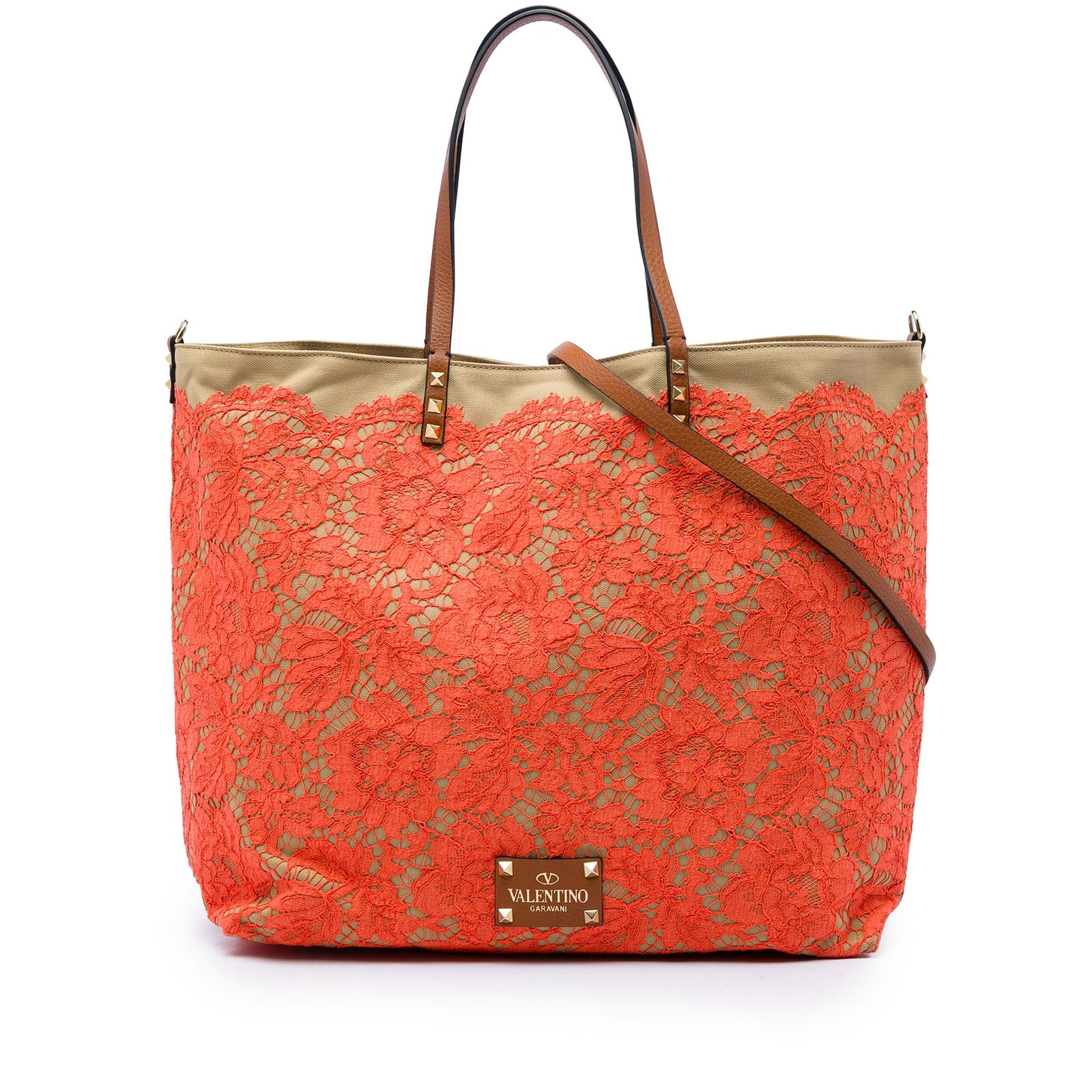 Valentino Rockstud Glam Lace Reversible Canvas Tote Bag: Valentino Rockstud Glam Lace Reversible Canvas Tote Bag A Valentino Canvas Rockstud Glam Lace Reversible Tote in orange with a lace-embellished fabric body, flat studded leather handles, a detachable 