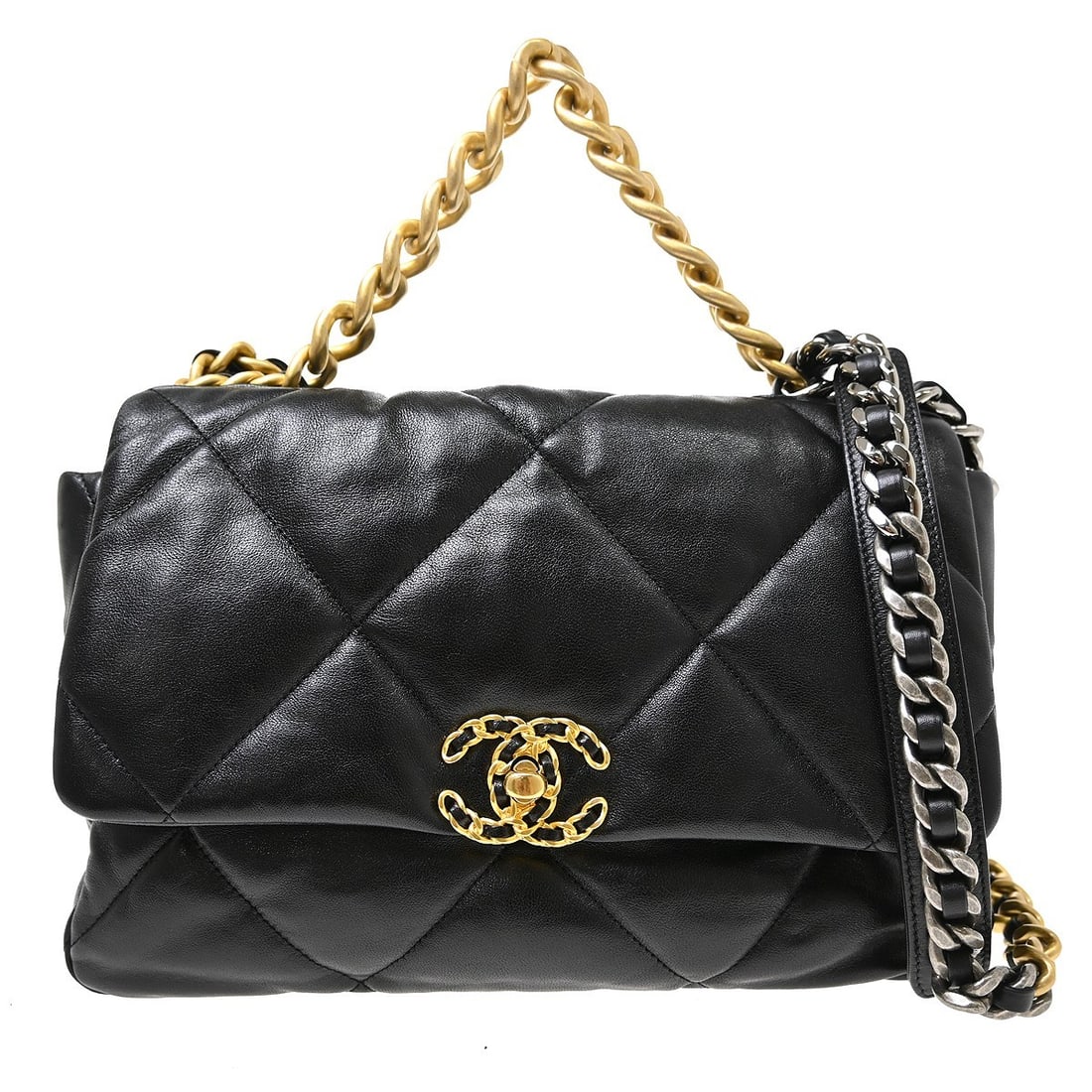 CHANEL 19 Large Black Lambskin Shoulder Bag 2way: CHANEL 19 Large Black Lambskin Shoulder Bag 2way Chanel 19 large 2-way handbag in black lambskin leather with a turn lock closure, chain strap, and leather-lined interior. This shoulder bag features l