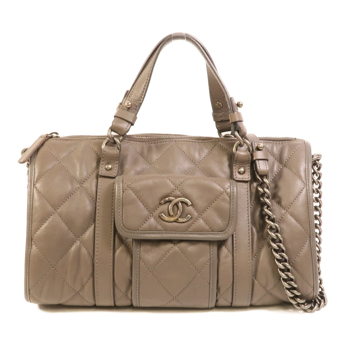 CHANEL CC Gray Calfskin 2Way Shoulder Bag: CHANEL CC Gray Calfskin 2Way Shoulder Bag CHANEL 2-way shoulder bag in gray calfskin (cowhide) leather, designed for women. It features a regular size profile with a structured shape and includes a ma