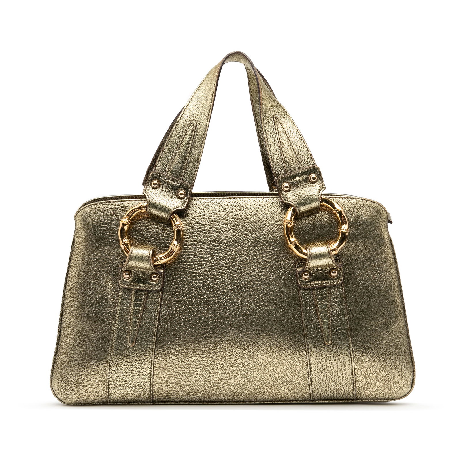 Gucci Gold Metallic Calfskin Bamboo Handbag Italy: Gucci Gold Metallic Calfskin Bamboo Handbag Italy Elevate your accessory collection with this exquisite Gucci Metallic Calfskin Metal Bamboo Handbag. Crafted from premium leather, this handbag showcas