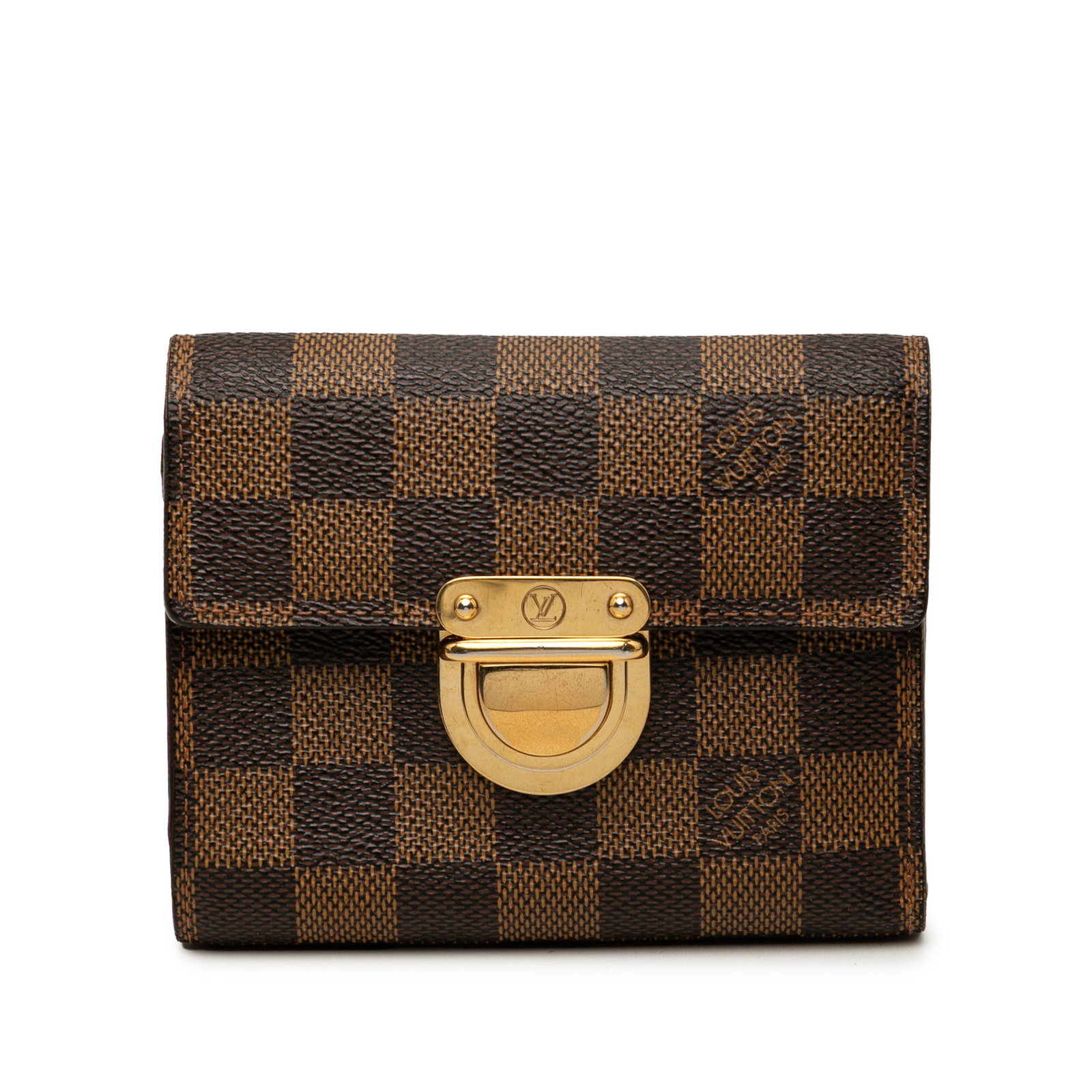 Louis Vuitton Koala Wallet in Damier Ebene Canvas Brown: Louis Vuitton Koala Wallet in Damier Ebene Canvas Brown Louis Vuitton Damier Ebene Koala wallet with a front flap and push-lock closure, an exterior back zip pocket, and interior slip pockets. This pi
