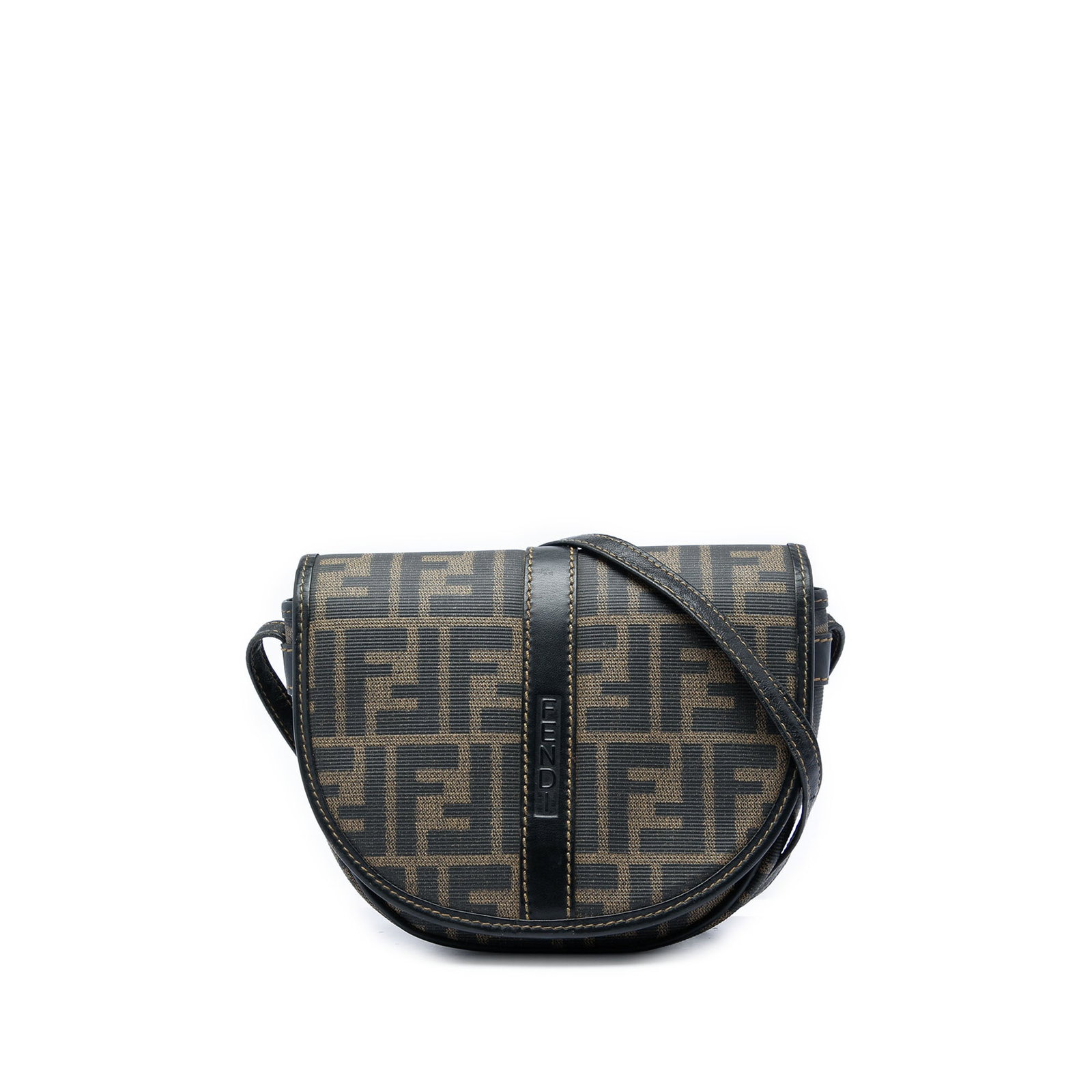 Fendi Zucca Brown Canvas Crossbody Bag with Leather Trim: Fendi Zucca Brown Canvas Crossbody Bag with Leather Trim Fendi Zucca canvas crossbody bag with leather trim and a flat leather strap. The bag features a flap with magnetic snap closure and an interior
