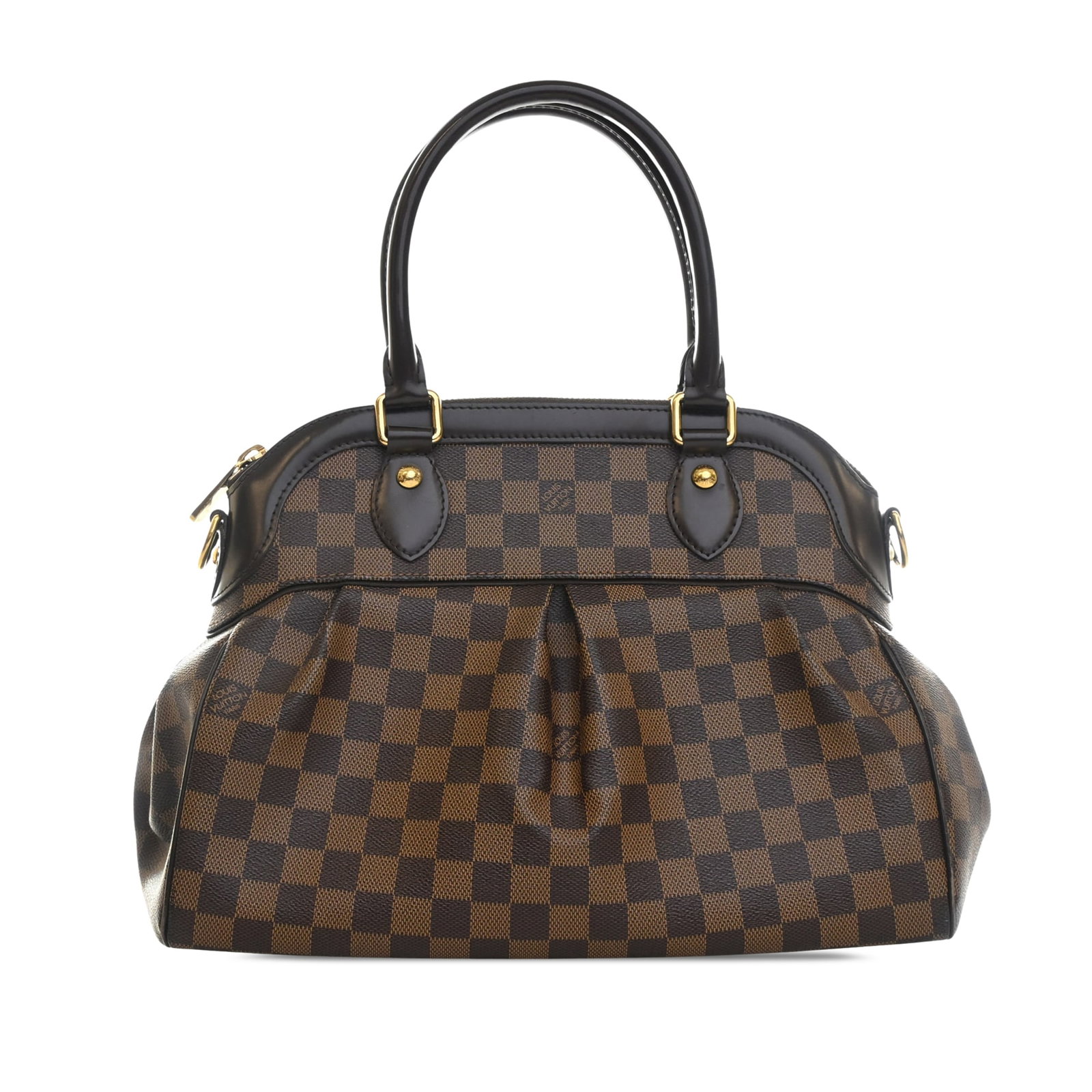 Louis Vuitton Trevi PM Damier Ebene Handbag Brown: Louis Vuitton Trevi PM Damier Ebene Handbag Brown A Louis Vuitton Trevi PM handbag in Damier Ebene canvas with leather trim and rolled handles. The bag features a top zip closure and interior slip poc