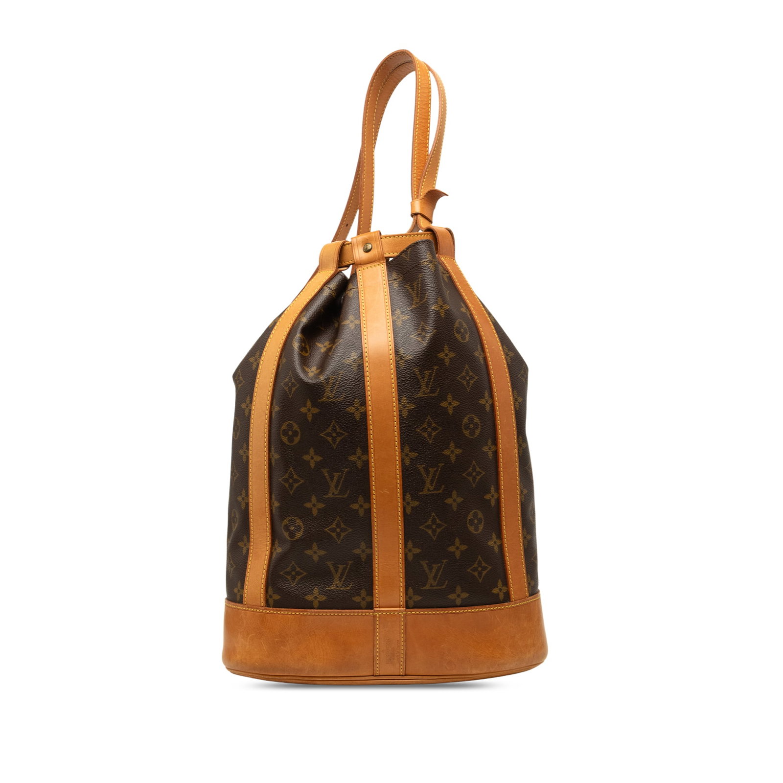 Louis Vuitton Randonnee PM Monogram Drawstring Backpack: Louis Vuitton Randonnee PM Monogram Drawstring Backpack Louis Vuitton Monogram Randonnee PM bucket bag crafted in monogram canvas with vachetta leather trim. It features an adjustable flat vachetta le