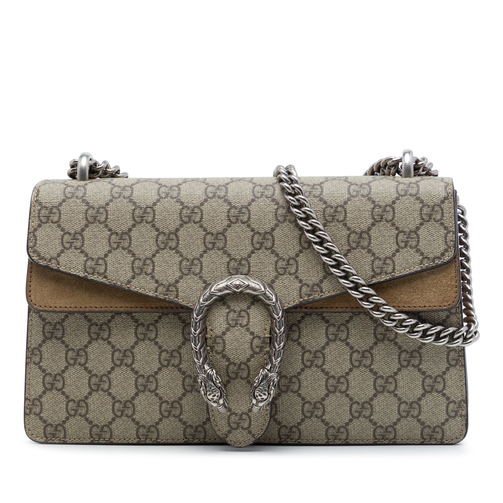 Gucci Dionysus Medium GG Supreme Shoulder Bag Beige: Gucci Dionysus Medium GG Supreme Shoulder Bag Beige Gucci Medium GG Supreme Dionysus shoulder bag crafted with a coated canvas body and suede leather trim. This shoulder bag features chain link should