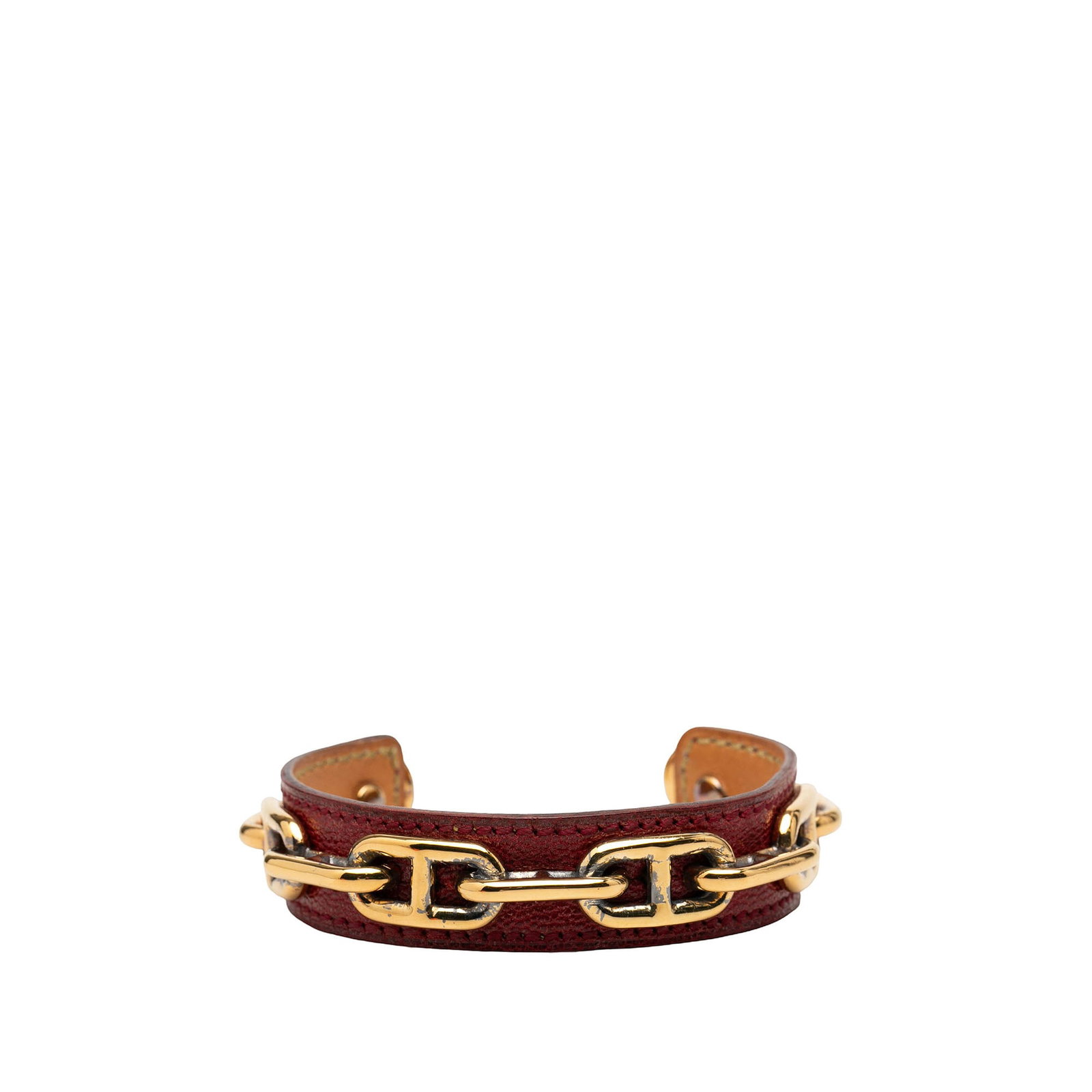 Hermes Chaine d Ancre leather cuff bracelet gold plated: Hermes Chaine d Ancre leather cuff bracelet gold plated Hermes Chaine d'Ancre cuff bracelet crafted in red leather with gold-plated metal accents. This costume jewelry piece is made in France and incl