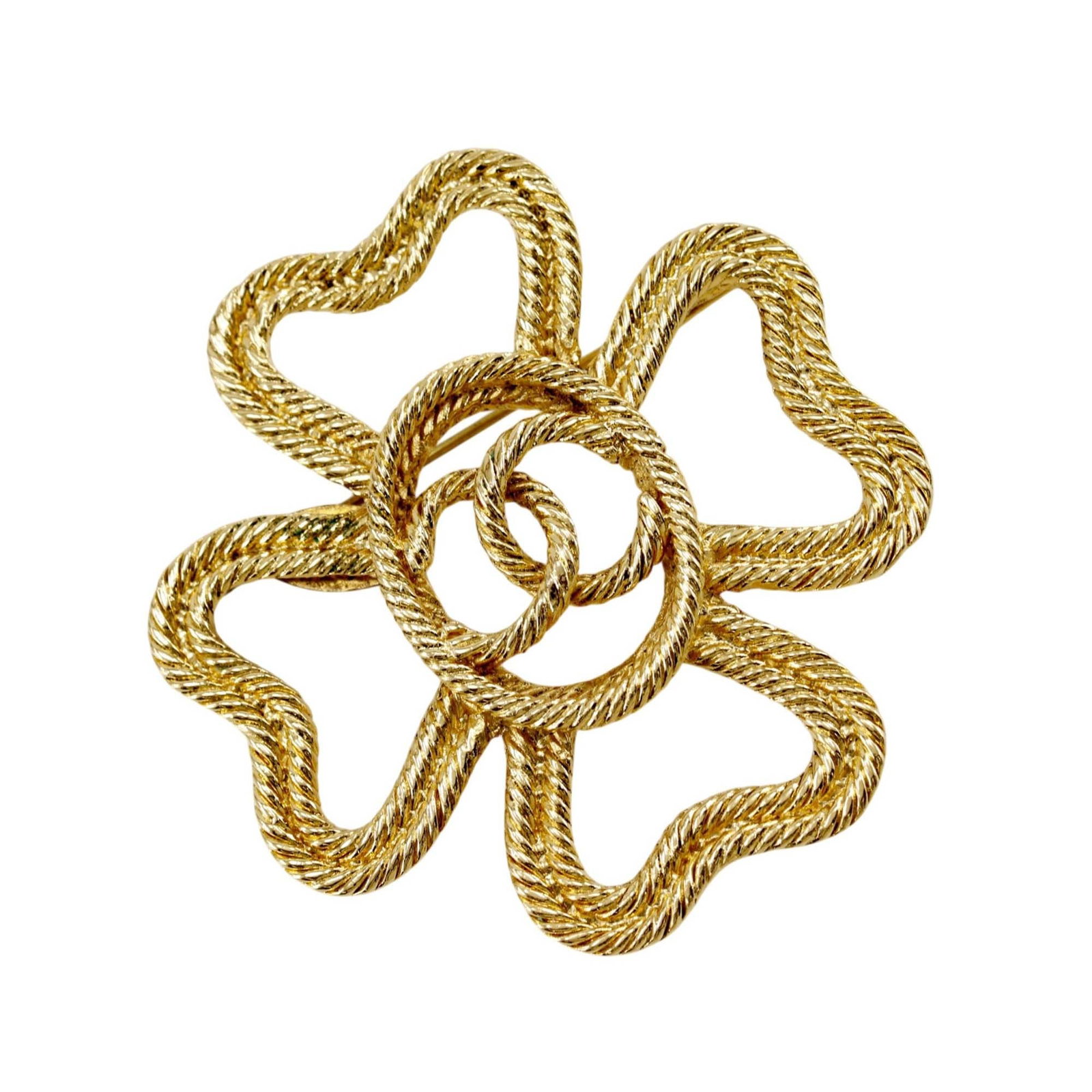 Chanel CC Clover Rope Brooch Gold Tone Metal: Chanel CC Clover Rope Brooch Gold Tone Metal Chanel CC clover rope brooch in gold-tone metal with a back pin closure. Made in France, this costume jewelry piece includes the box. Condition is B+ with 