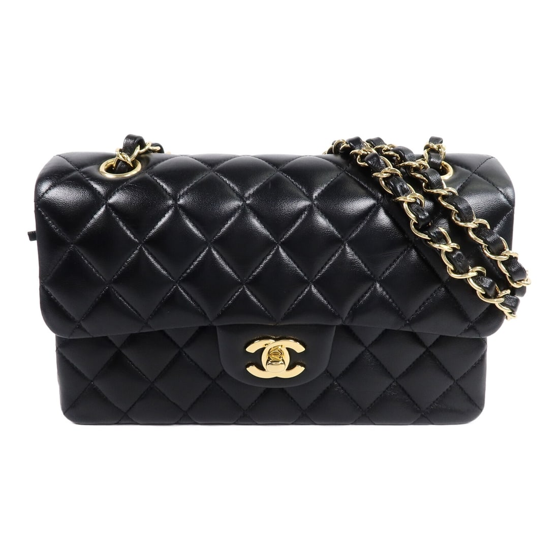 CHANEL A01113 Classic 23 Black Lambskin Chain Shoulder Bag: CHANEL A01113 Classic 23 Black Lambskin Chain Shoulder Bag Classic Chanel CC shoulder bag in black lambskin leather with a chain strap and turn-lock closure. This women's shoulder bag includes an exte