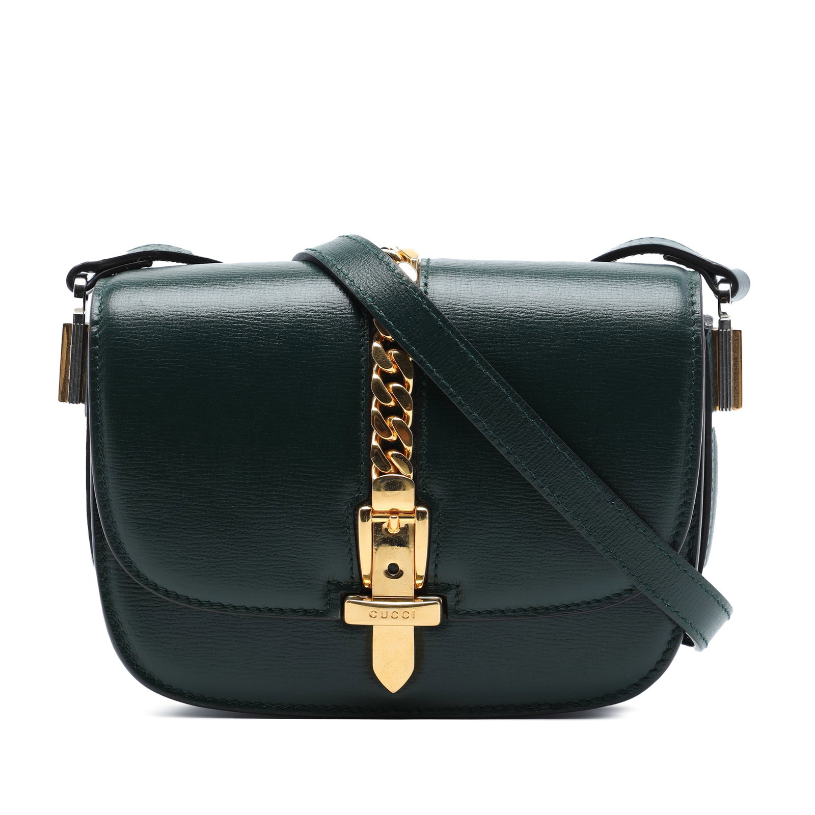 Gucci Sylvie 1969 Mini Leather Crossbody Bag Green: Gucci Sylvie 1969 Mini Leather Crossbody Bag Green Gucci Sylvie 1969 mini crossbody bag crafted in green leather. This compact design features an adjustable flat leather strap and a flap closure accen