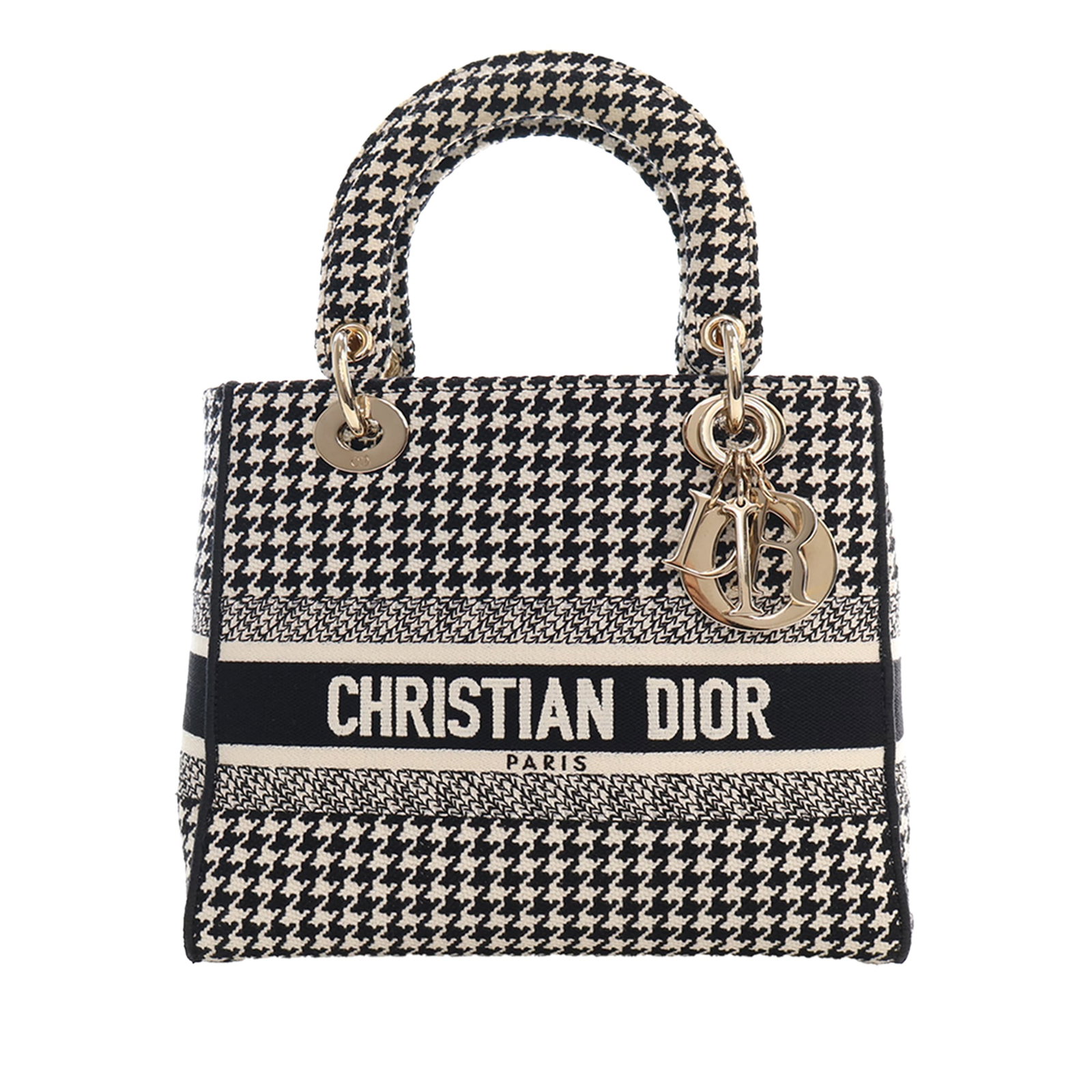 Dior Lady D Lite Medium fabric handbag in houndstooth embroidery: Dior Lady D Lite Medium fabric handbag in houndstooth embroidery A Dior Lady D-Lite medium bag in embroidered canvas with a black houndstooth design. This structured bag features top handles, a detach